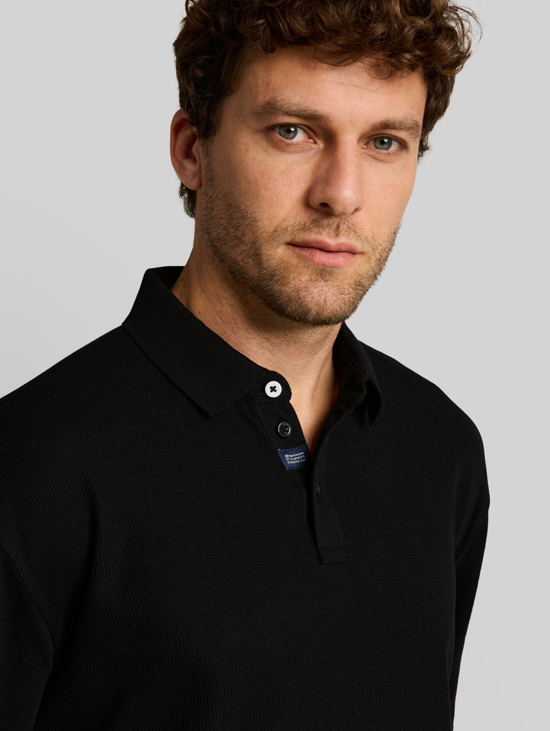 Langarm Poloshirt mit Waffelstruktur - Black