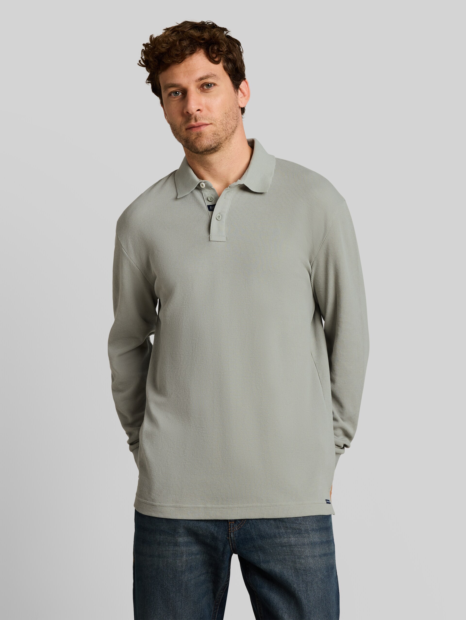 Poloshirt met lange mouwen en wafelstructuur - iron mint