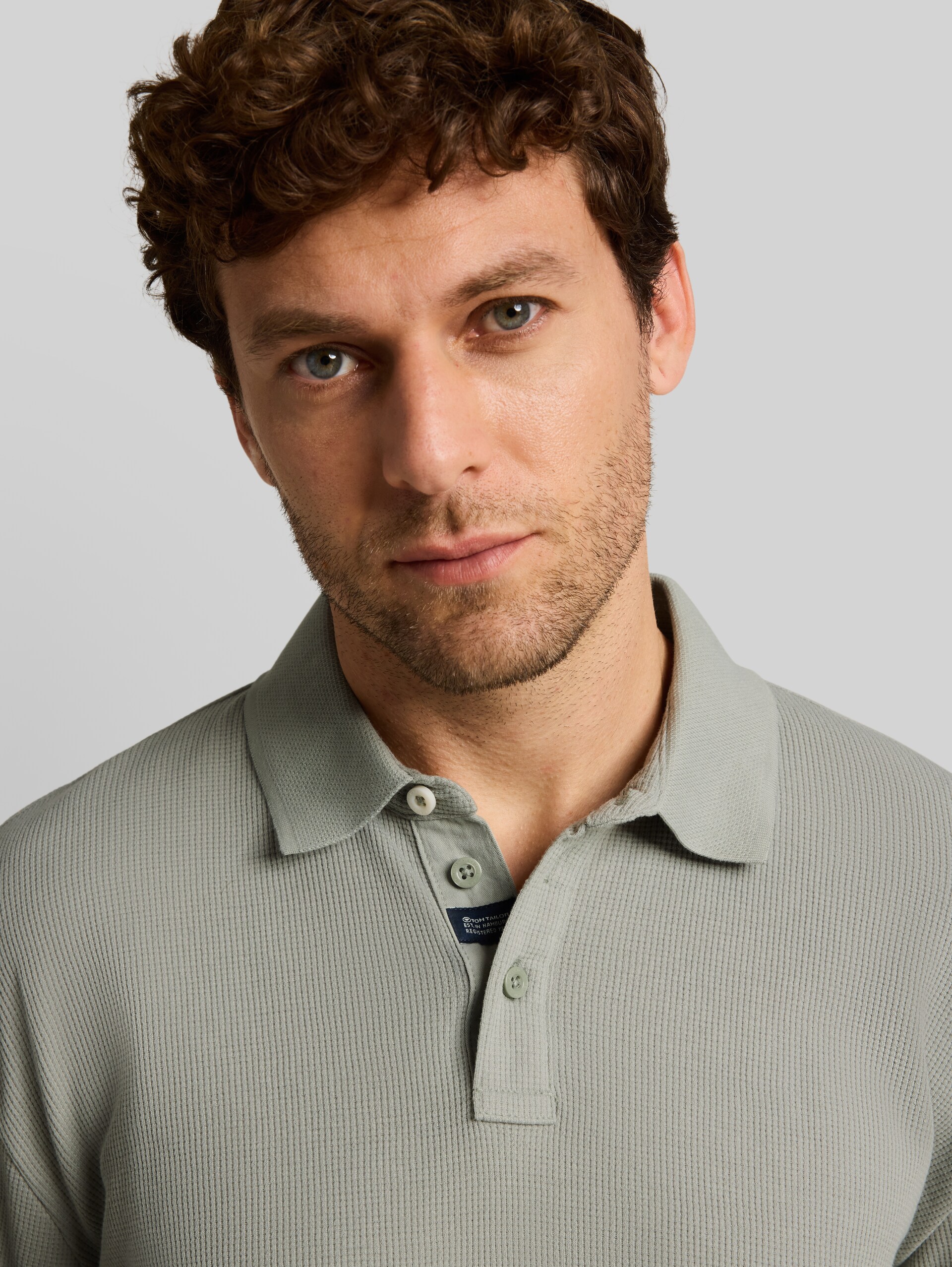 Poloshirt met lange mouwen en wafelstructuur - iron mint