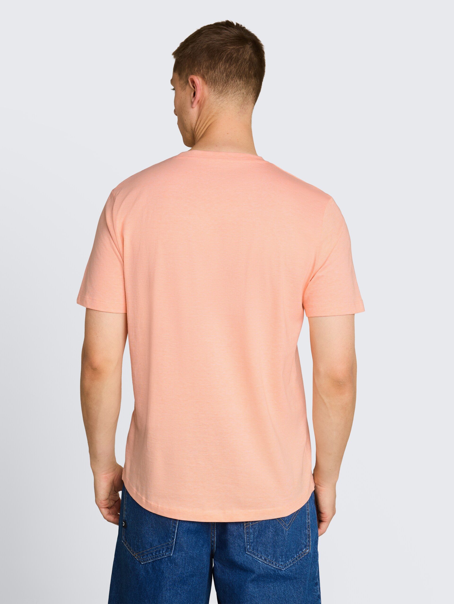 T-shirt met fijne streepjes - peach orange white fine stripe - Neklijn model-achteraanzicht
