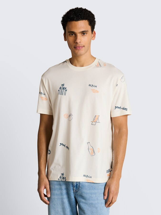 Relaxed Fit T-Shirt mit Allover-Print von Denim Male, wool white fun summer print