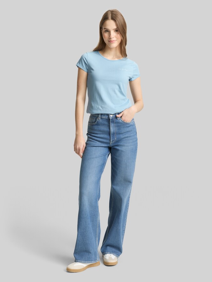 Slim fit T-shirt met borduursel door Denim Female, calm cloud blue