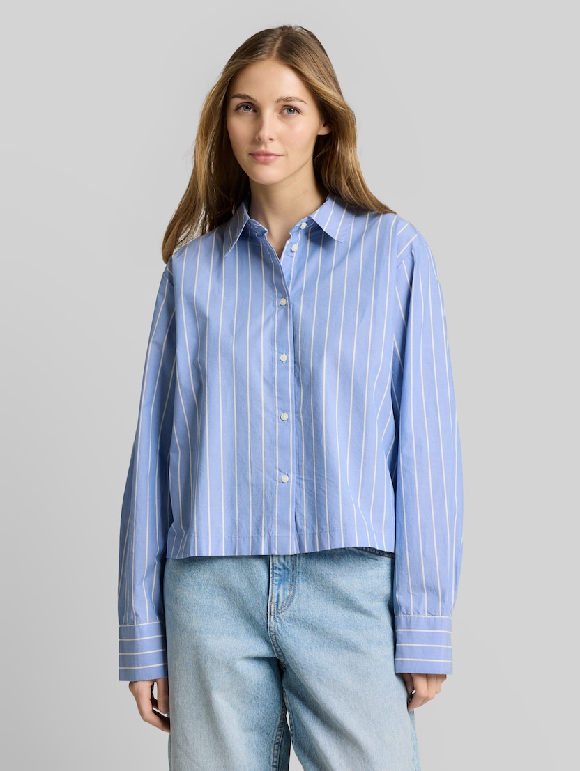 Boxy fit overhemdblouse van katoen door Denim Female, mid blue white stripe