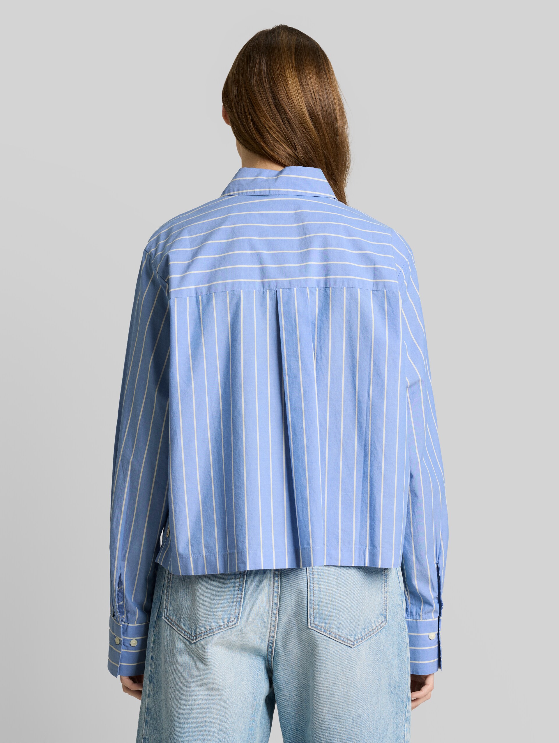 Boxy fit cotton shirt blouse - mid blue white stripe - Neckline model-back view
