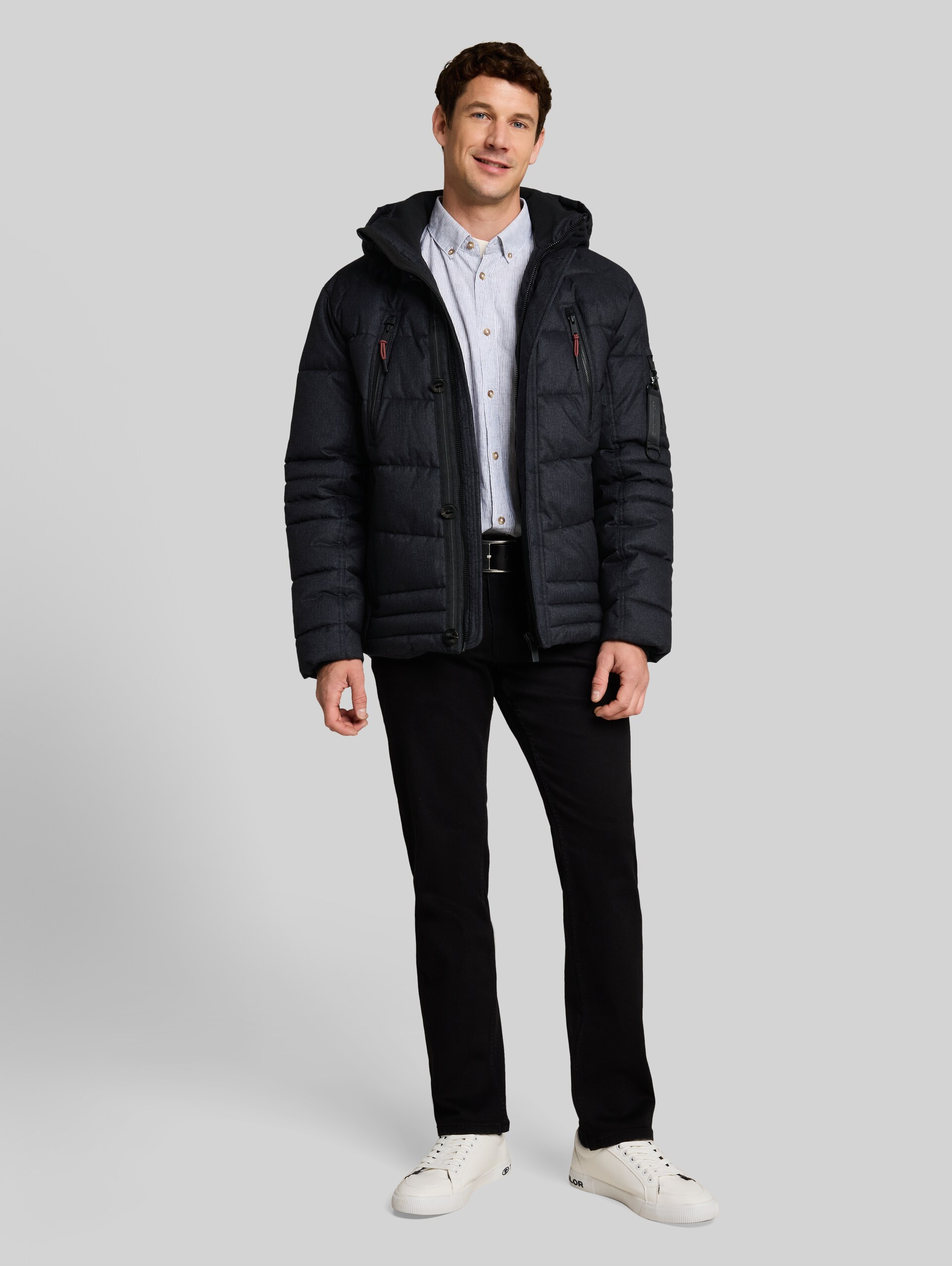 Pufferjas met afneembare capuchon - blue herringbone structure - zijaanzicht model