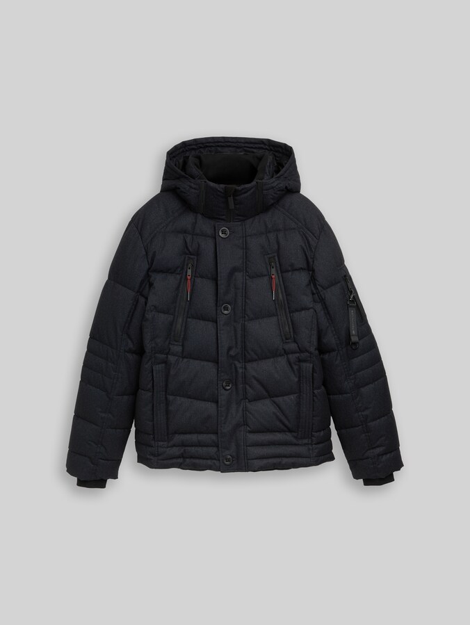Doudoune à capuche amovible par Men, blue herringbone structure