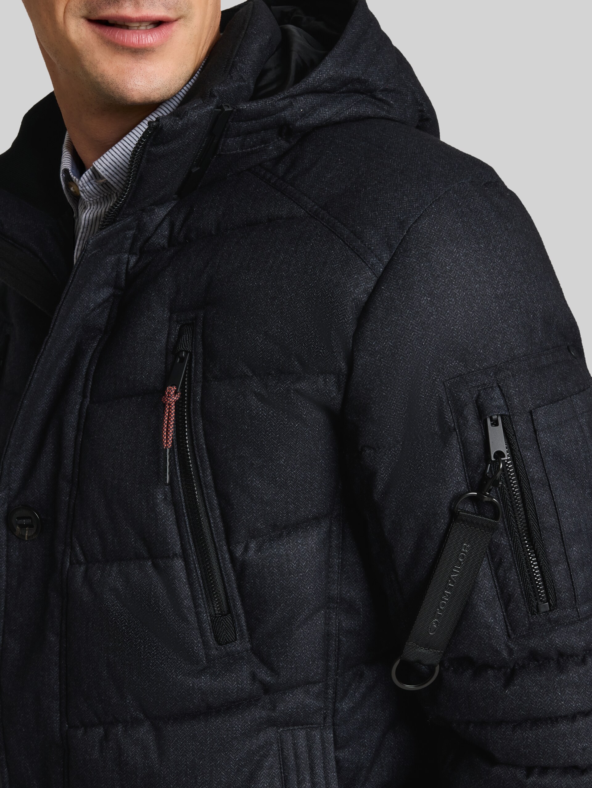 Pufferjas met afneembare capuchon - blue herringbone structure - Detailaanzicht model