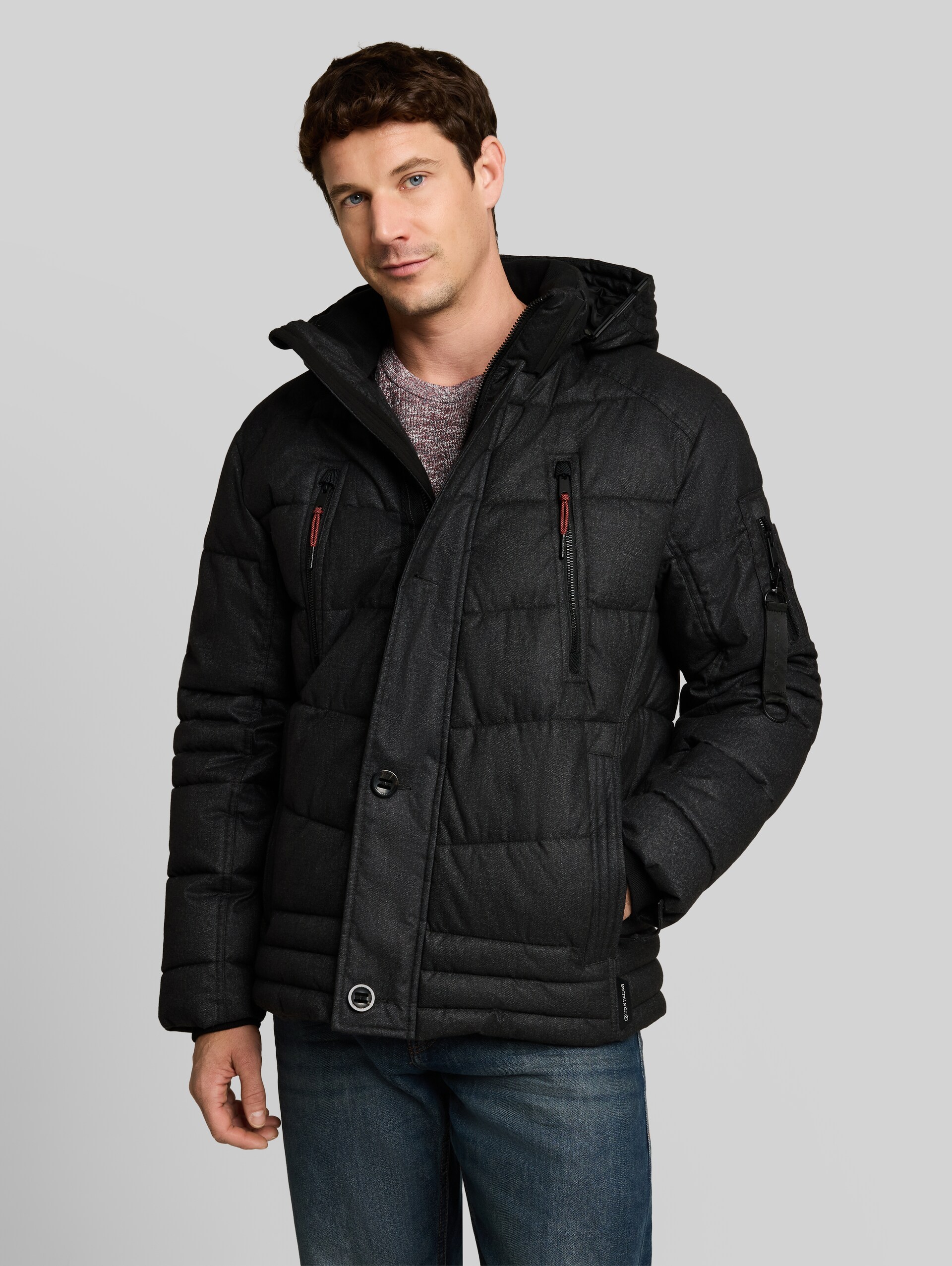 Pufferjas met afneembare capuchon - dark herringbone structure - Model vooraanzicht