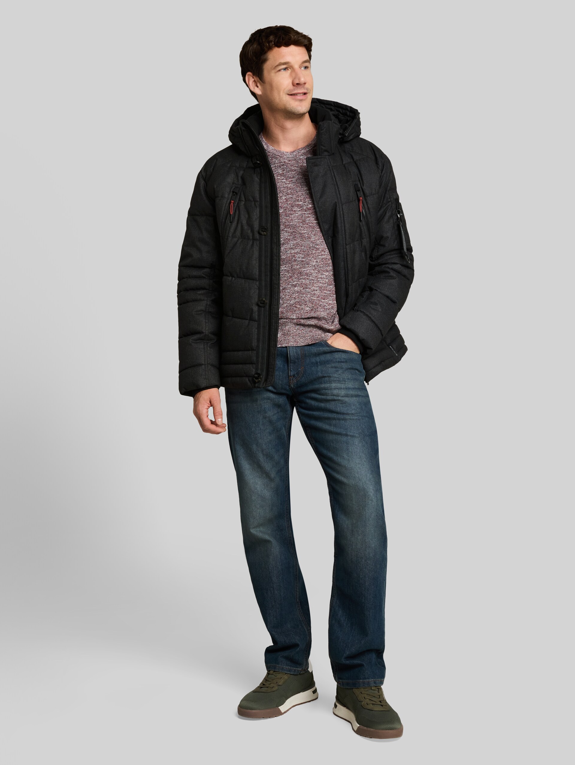 Pufferjas met afneembare capuchon - dark herringbone structure - zijaanzicht model