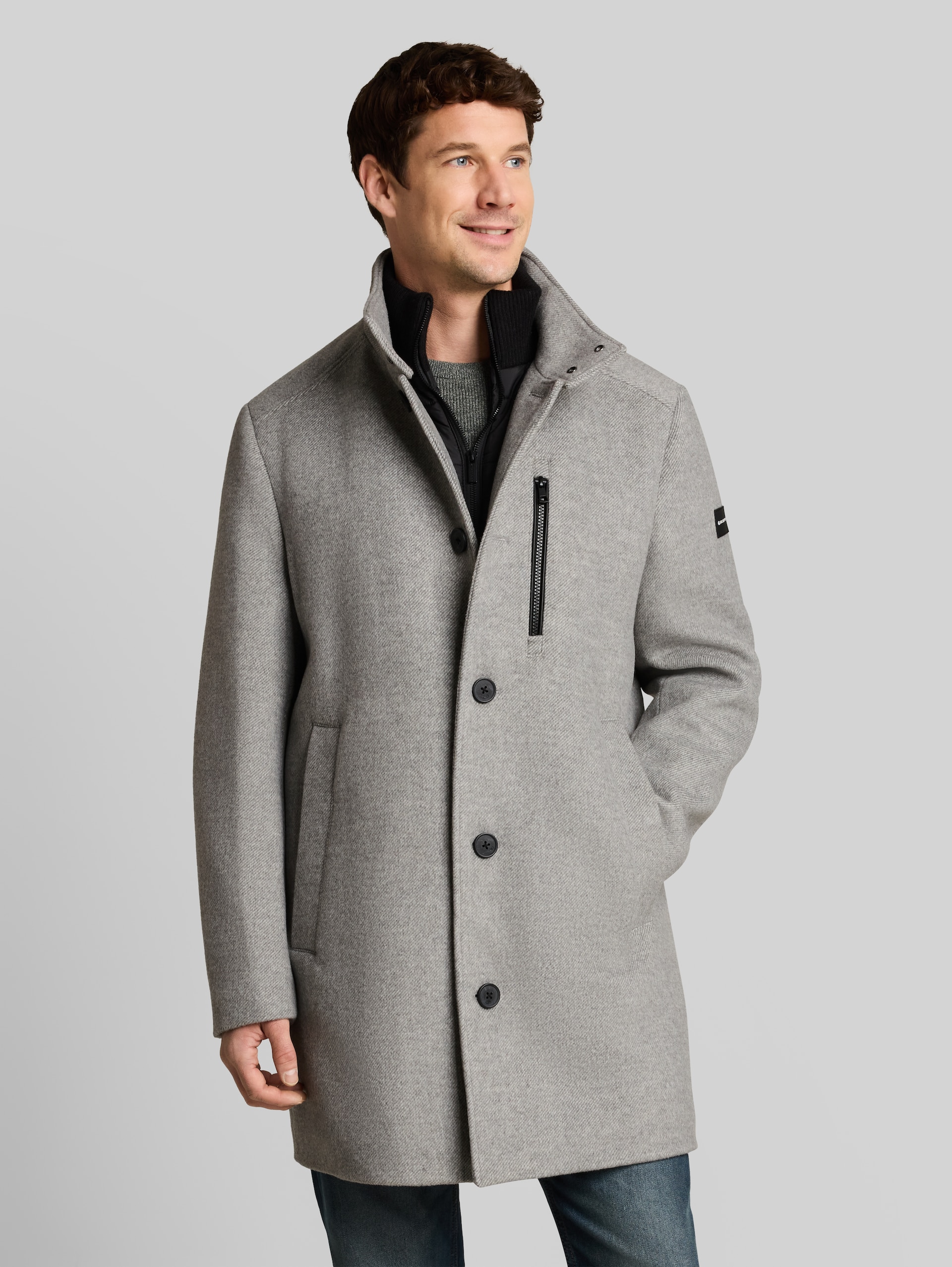 2-in-1 wollen jas met uitneembaar inzetstuk - mid grey melange twill - Model vooraanzicht