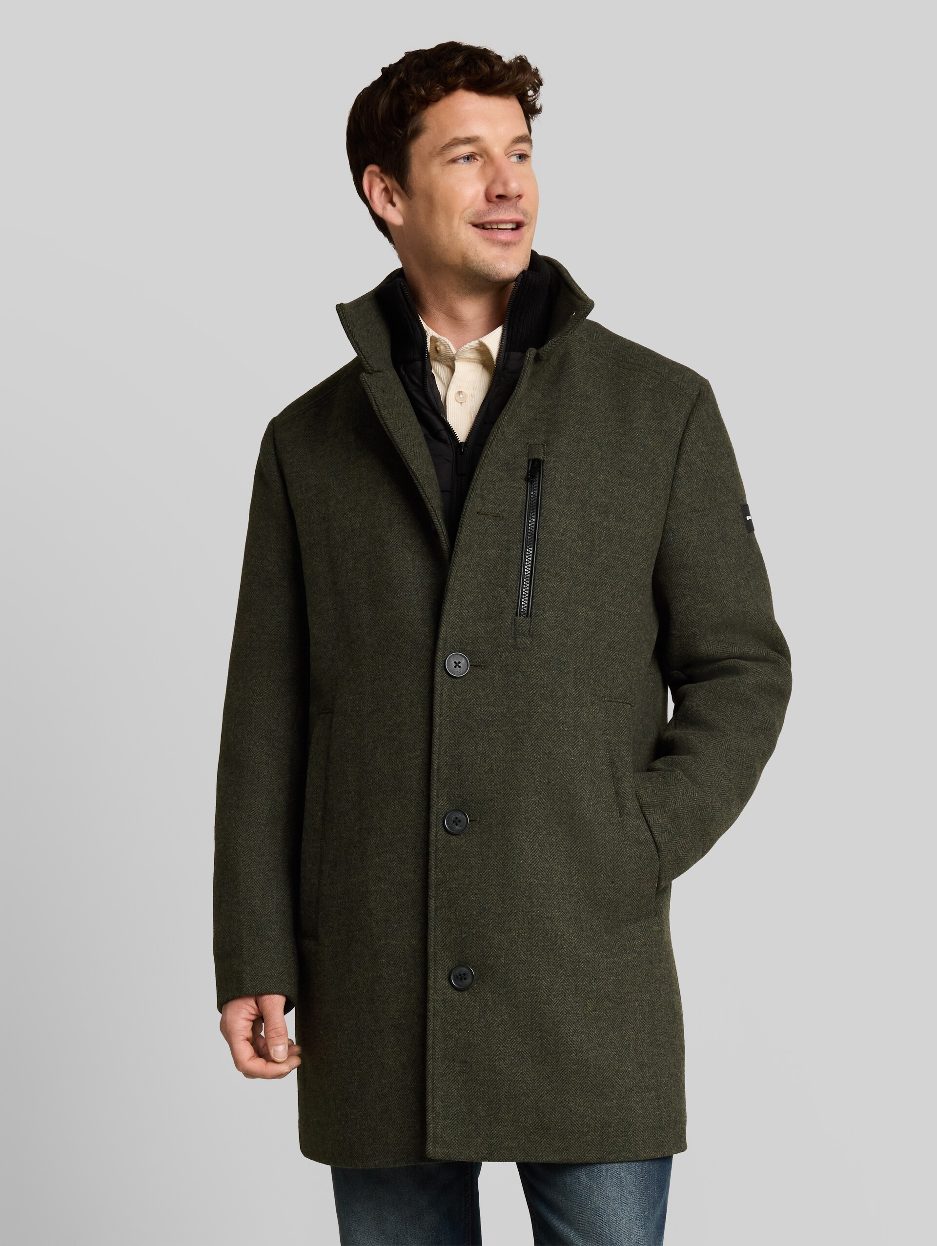 2-in-1 wollen jas met uitneembaar inzetstuk - dark black green herringbone - Model vooraanzicht