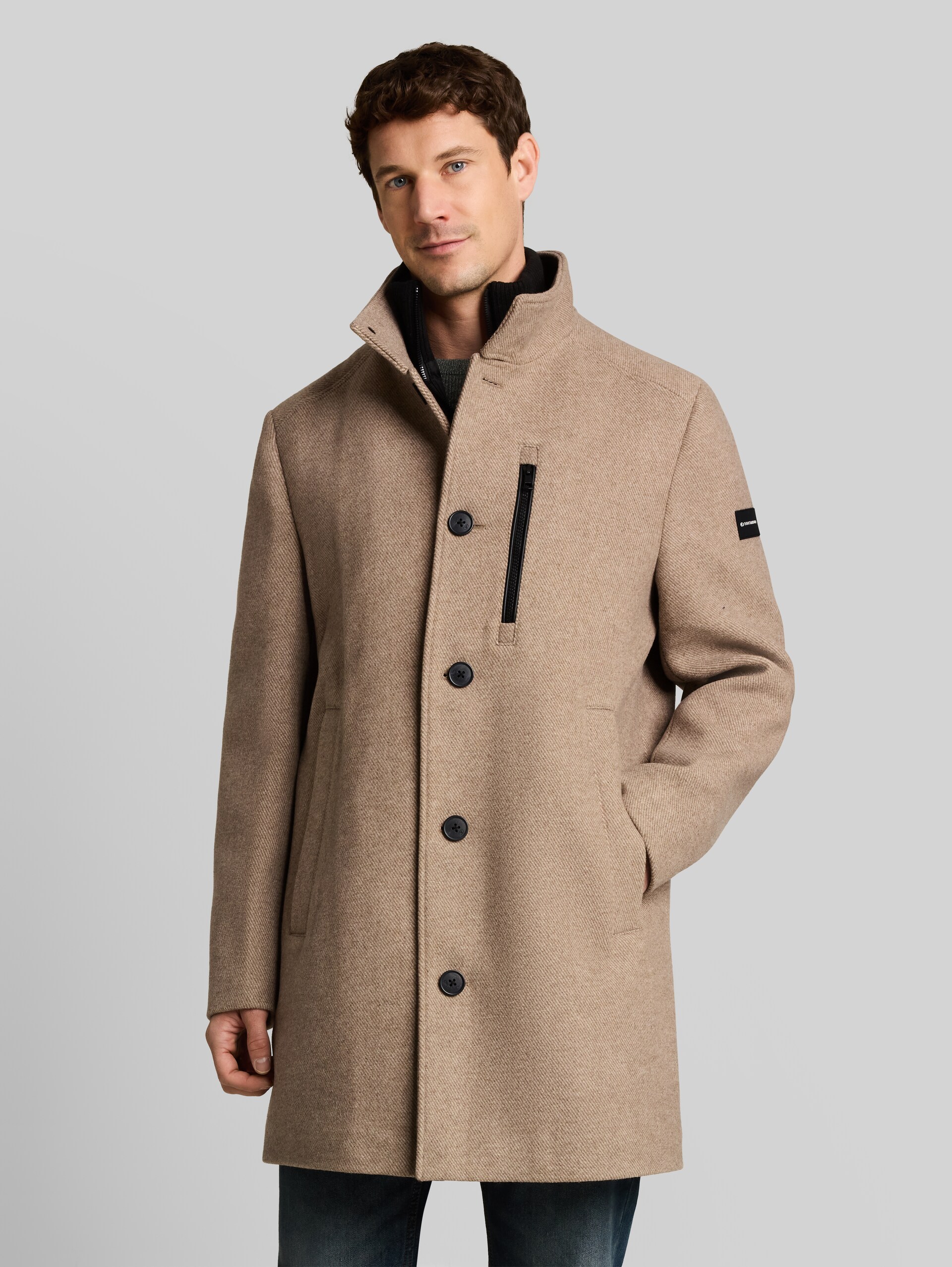 Manteau en laine 2 en 1 avec empiècement amovible - mid beige melange twill - Vue de face du modèle