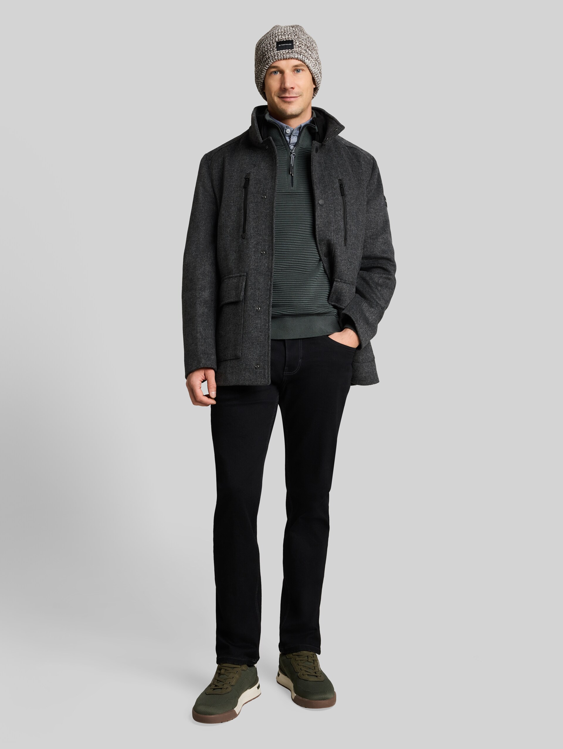 2-in-1 wollen jas met uitneembaar inzetstuk - dark grey black herringbone - zijaanzicht model