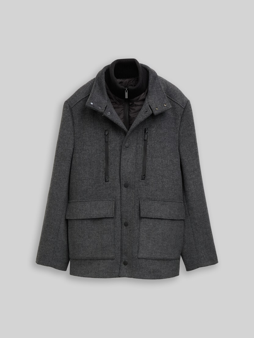 2-in-1 woollen jacket with detachable insert by Men, dark grey black herringbone