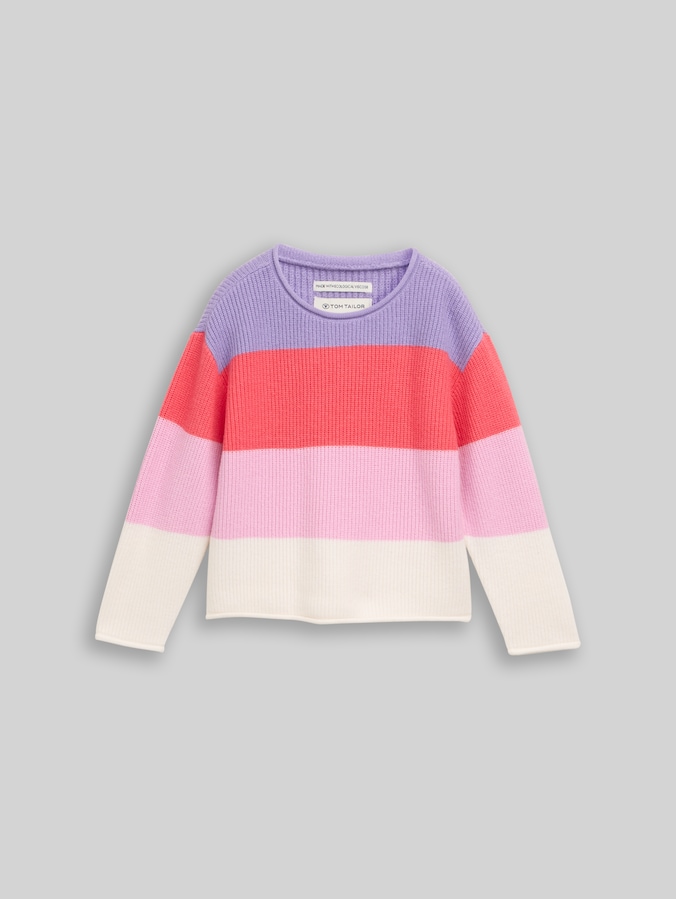Knitted jumper with colour blocking by Mini Girls, coral and purple block stripe