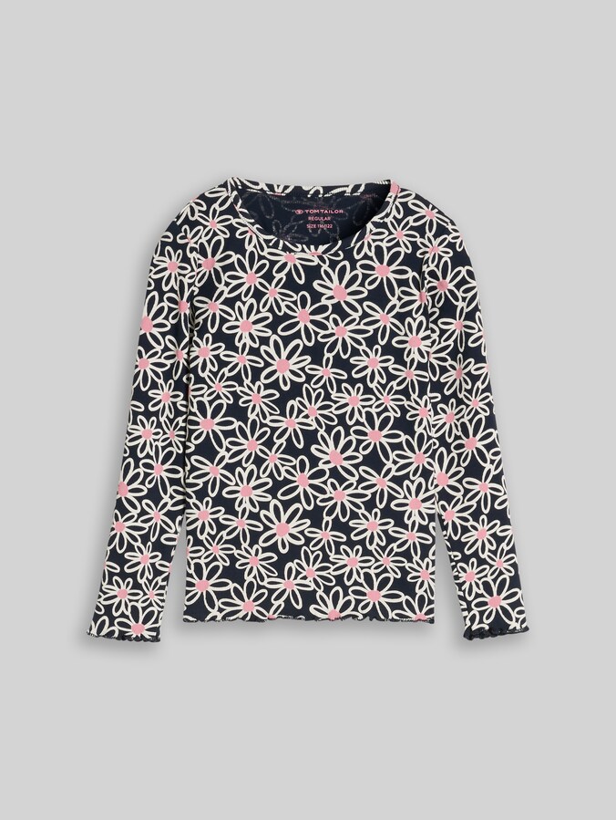 Langarmshirt mit Muster von Mini Girls, dark blue small daisy print