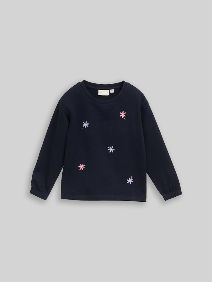 Sweat-shirt avec broderies florales par Mini Girls, sky captain blue