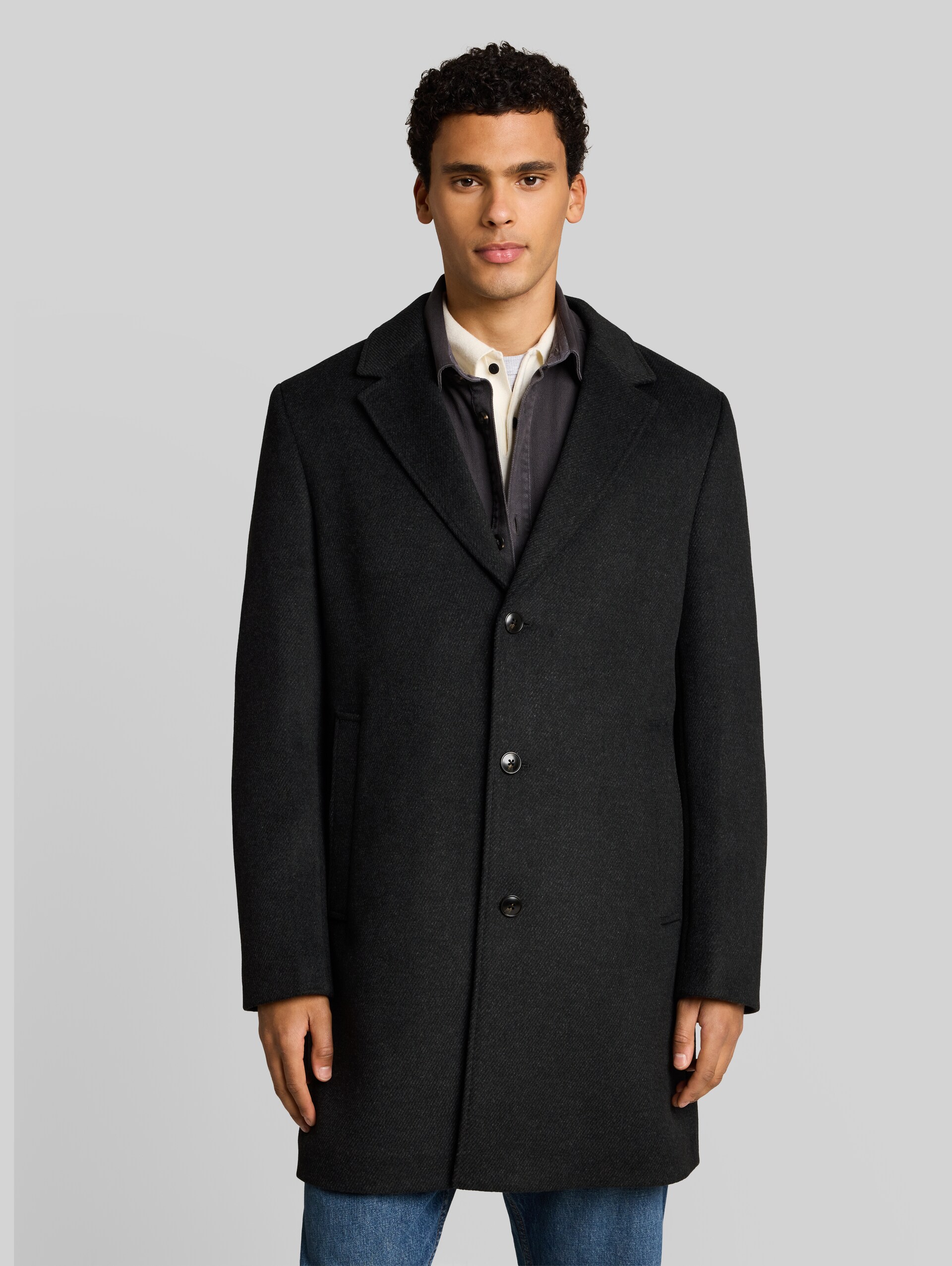 Relaxed fit wollen jas met reverskraag - dark grey melange twill - Model vooraanzicht