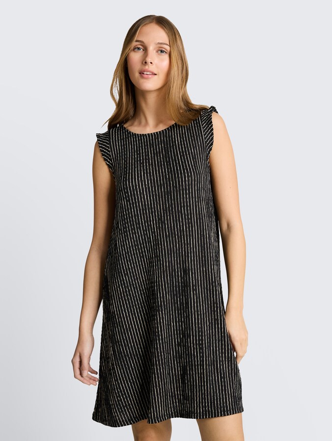 Crinkle mini dress with flounce sleeves by Denim Female, black beige stripe