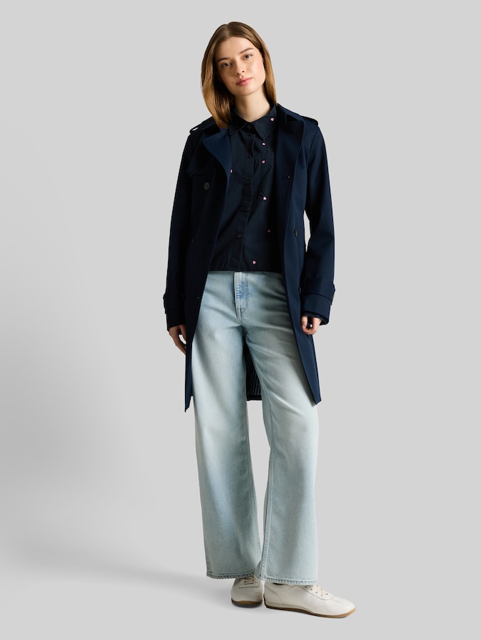 Boxy fit overhemdblouse met borduursels door Denim Female, navy pink heart embroidery