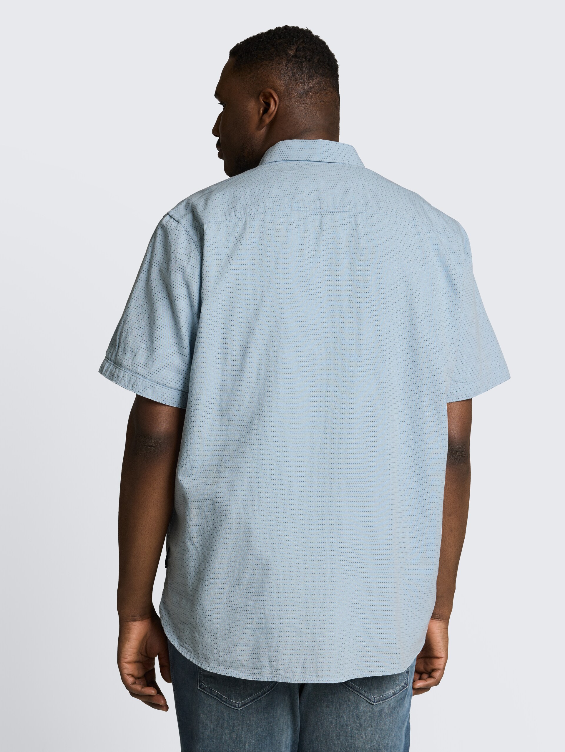 Plus Size - Regular Fit katoenen shirt met korte mouwen - light blue dot structure - Neklijn model-achteraanzicht