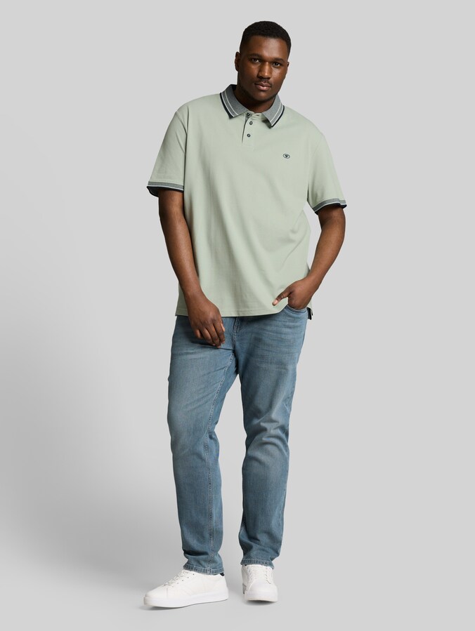 Plus Size - piqué polo shirt with logo print by Men Plus Size, soft greyish green