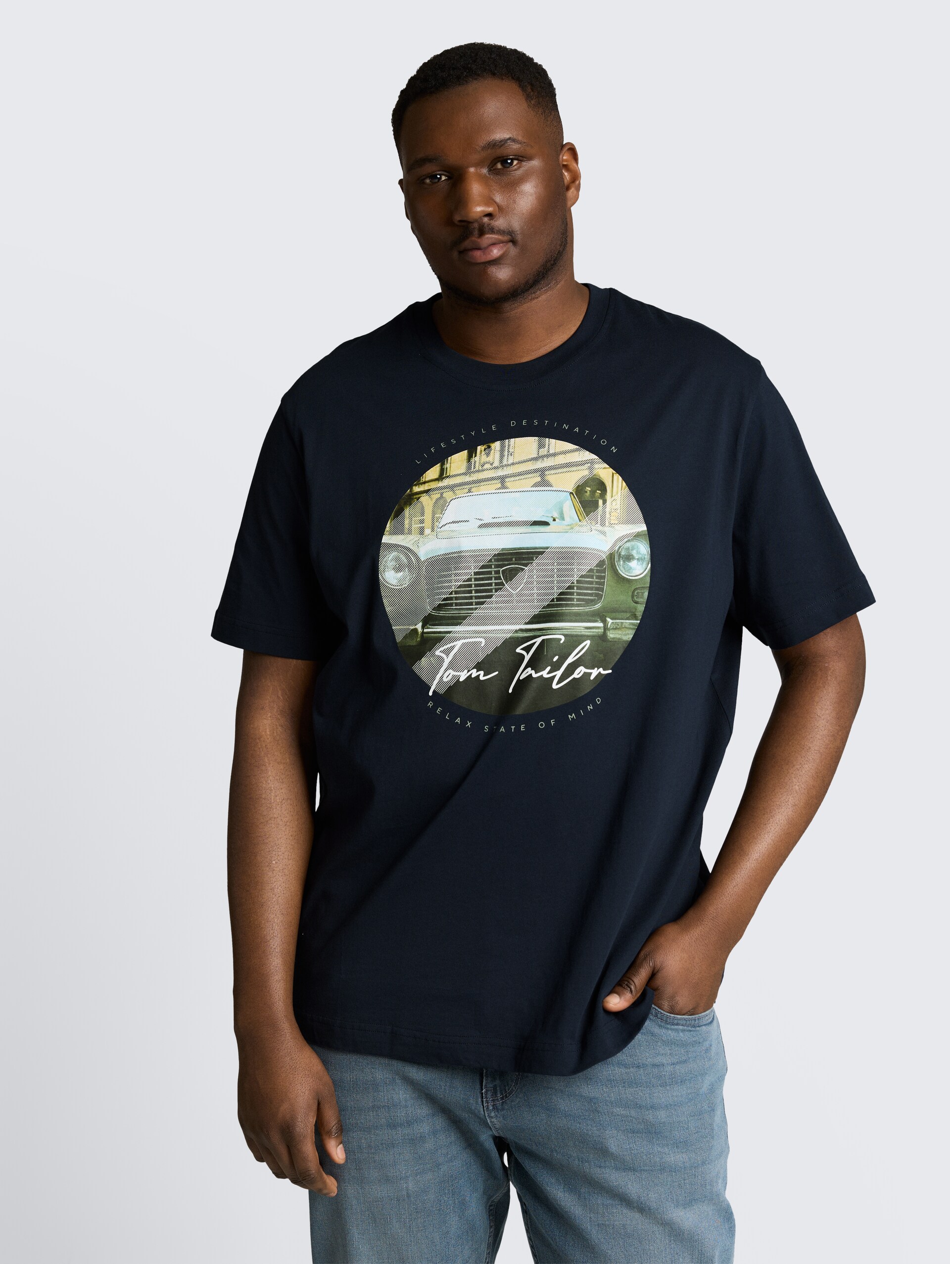 Plus Size - T-shirt with photo print - sky captain blue - Neckline model front view