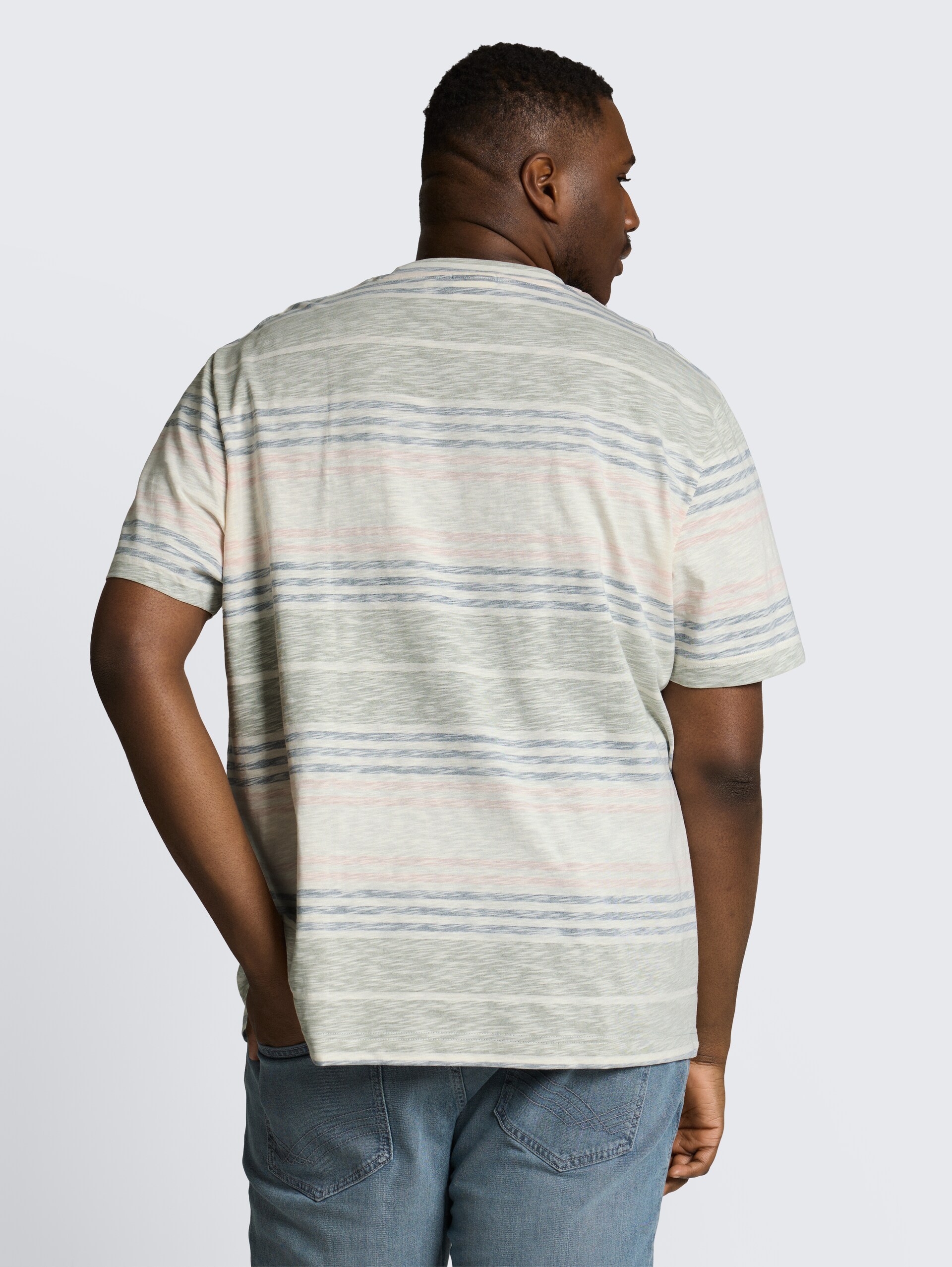 Plus Size - T-shirt met inside-out streepjesmotief - rose teal multi color stripe - Neklijn model-achteraanzicht