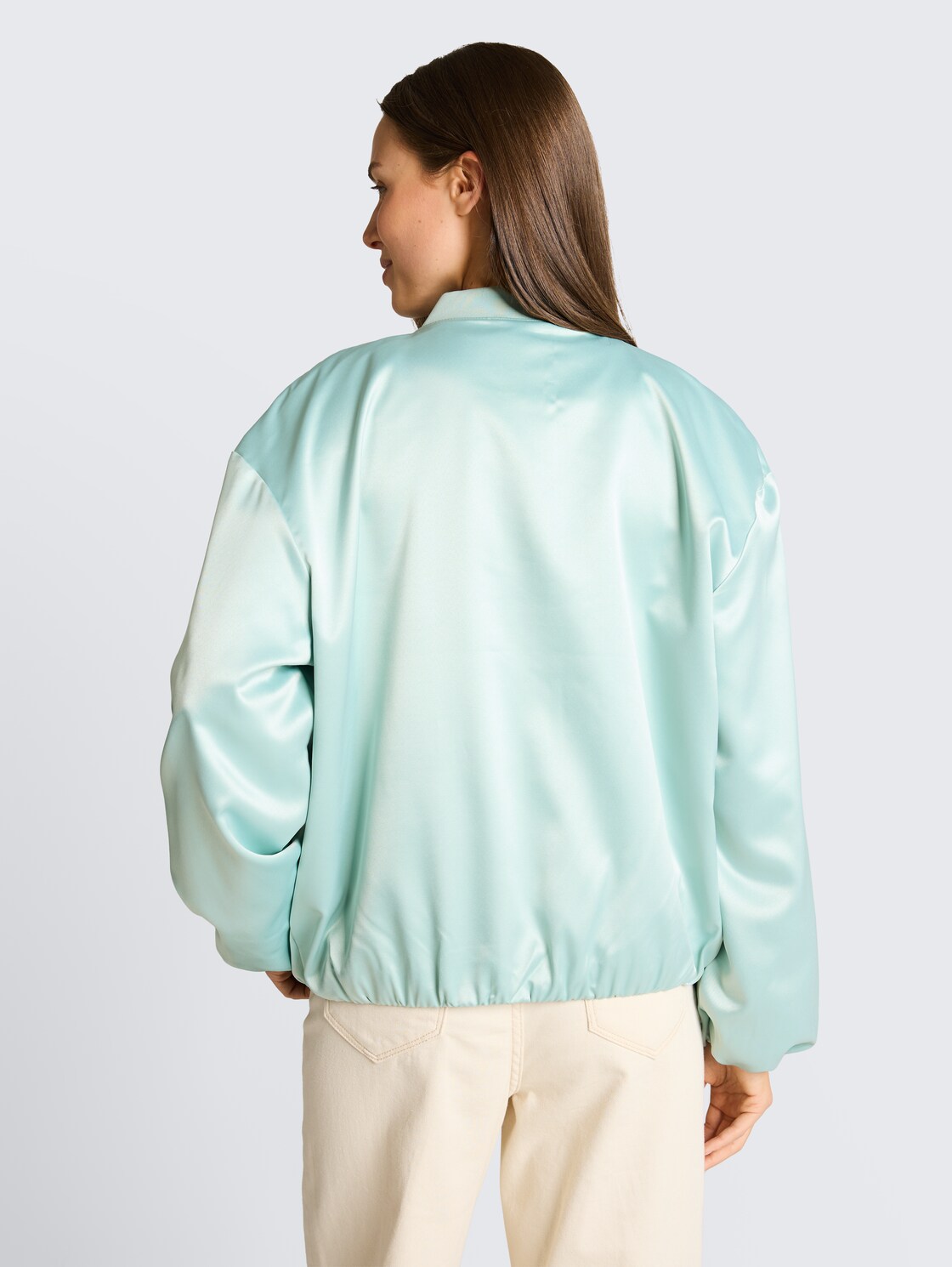 Satin bomber jacket with bomber collar - blue haze - Model-back view