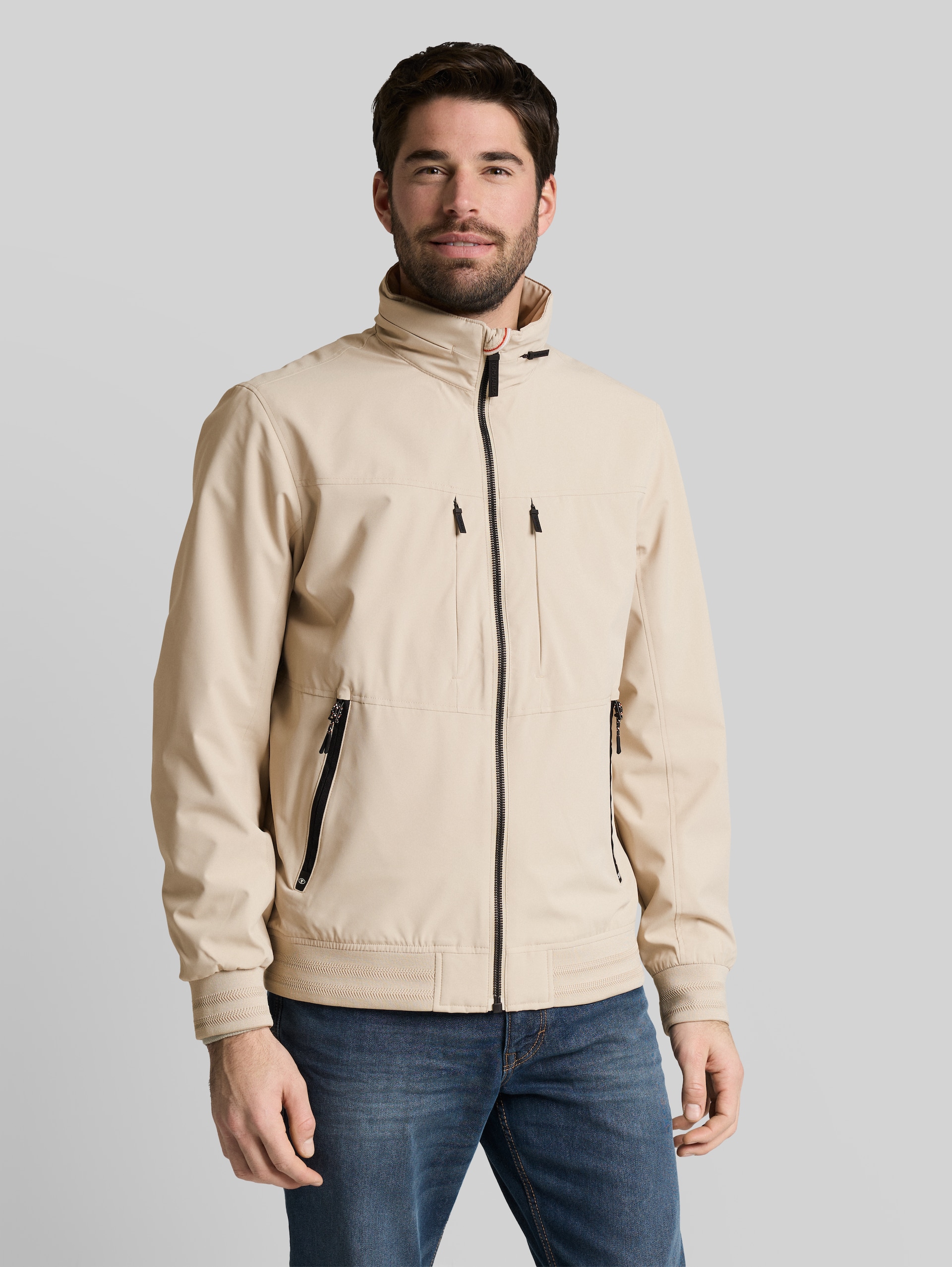 Blouson jacket with stowable hood - Cashew Beige - Model front view