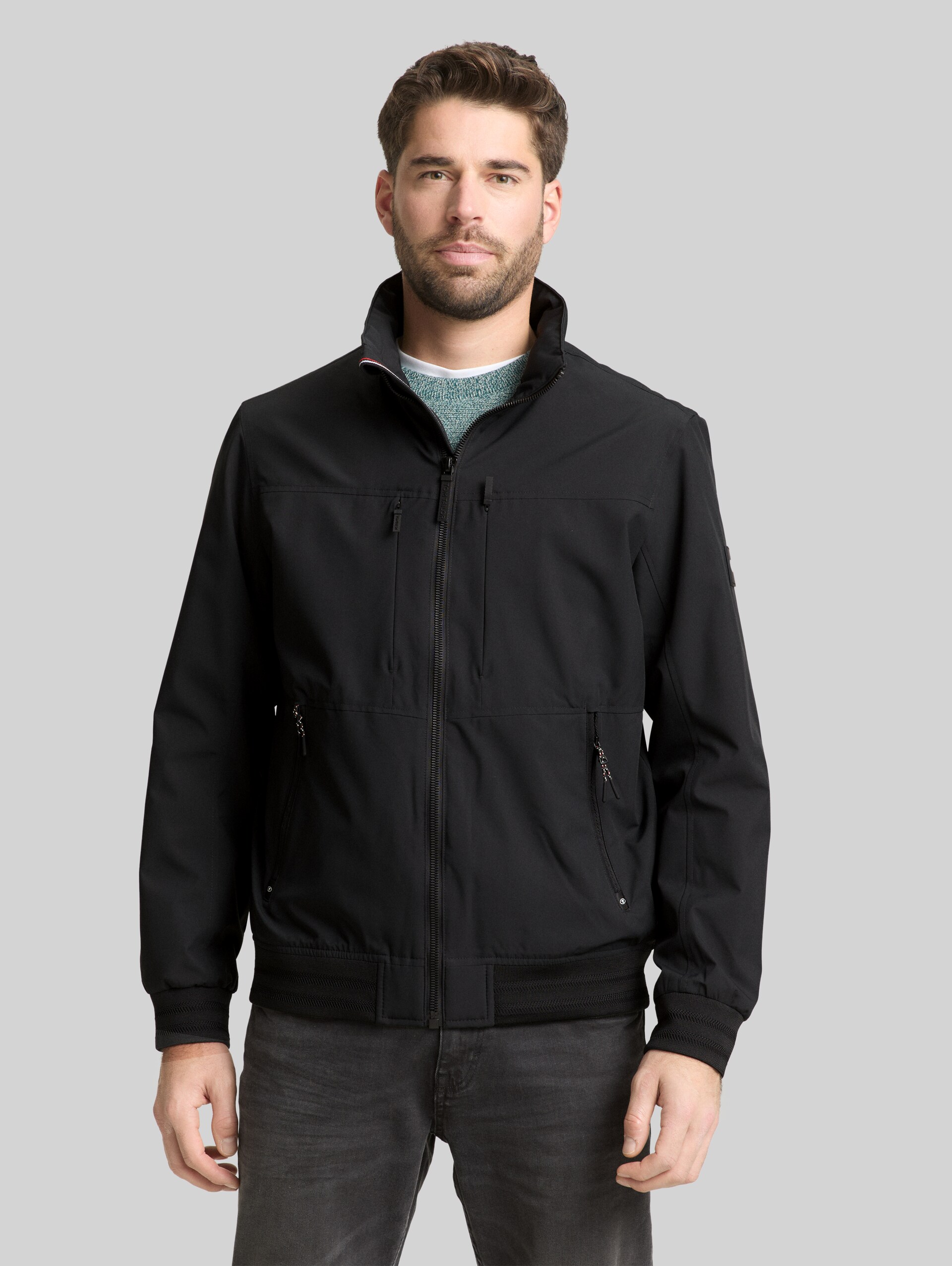Blouson jacket with stowable hood - Black - Model front view