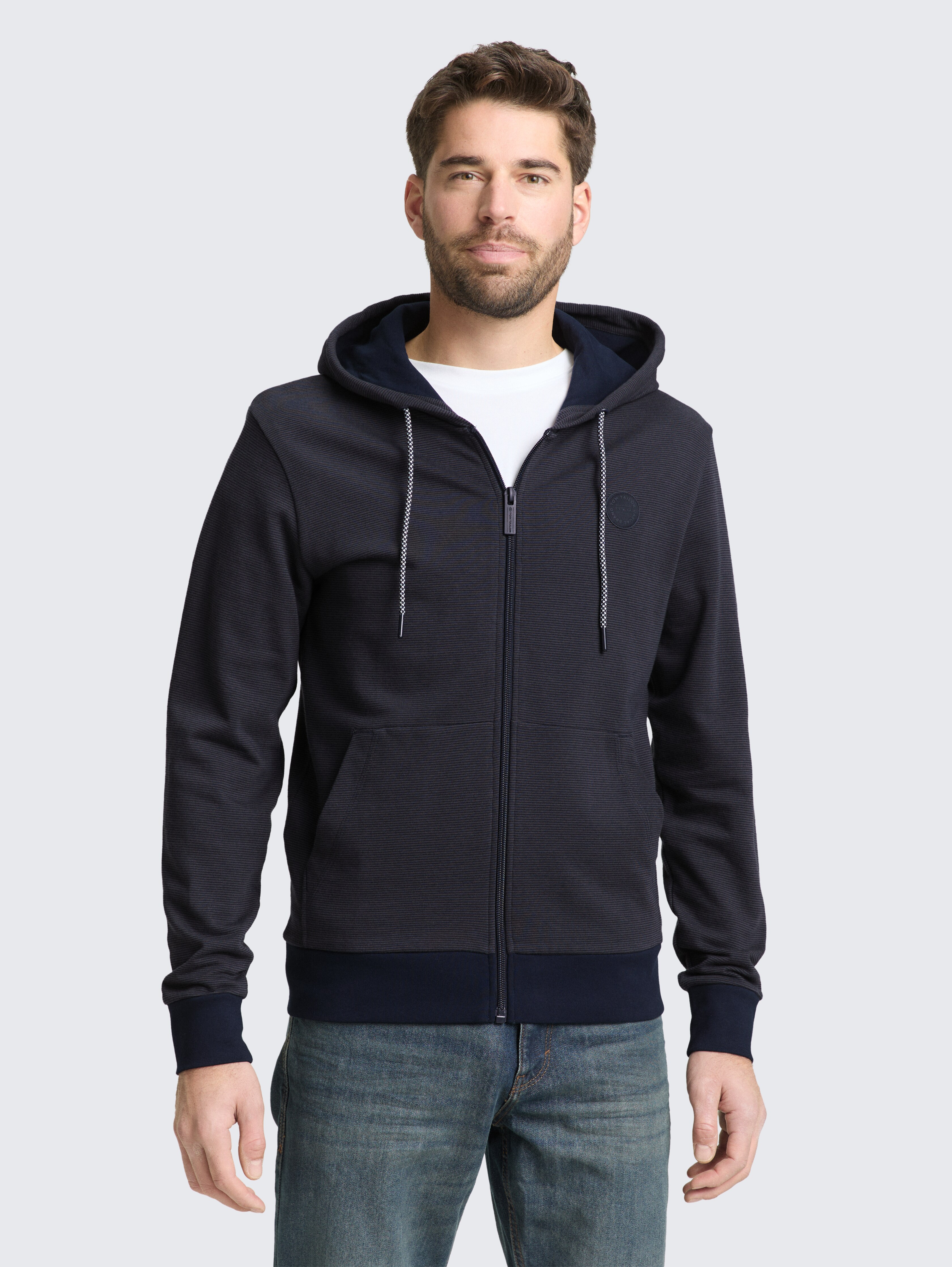 Hoodie sweatshirt jacket with logo badge by Men, navy grey yarn dye stripe