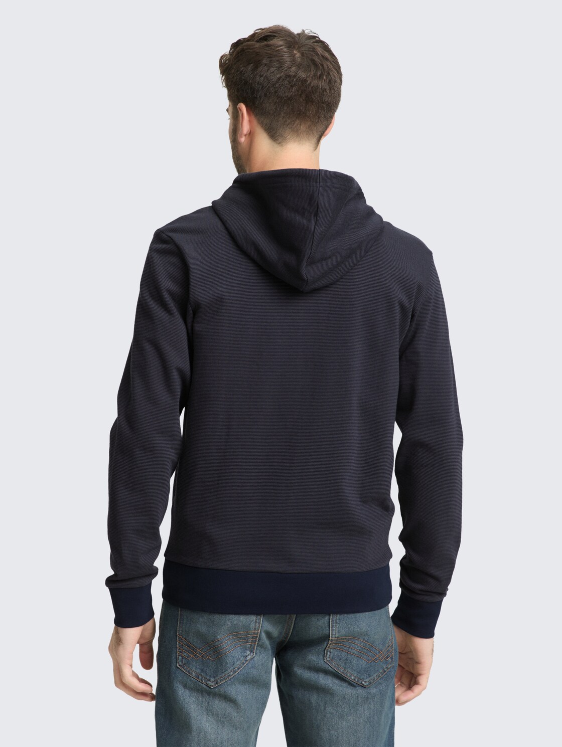 Hoodie sweatshirt jacket with logo badge - navy grey yarn dye stripe - Neckline model-back view