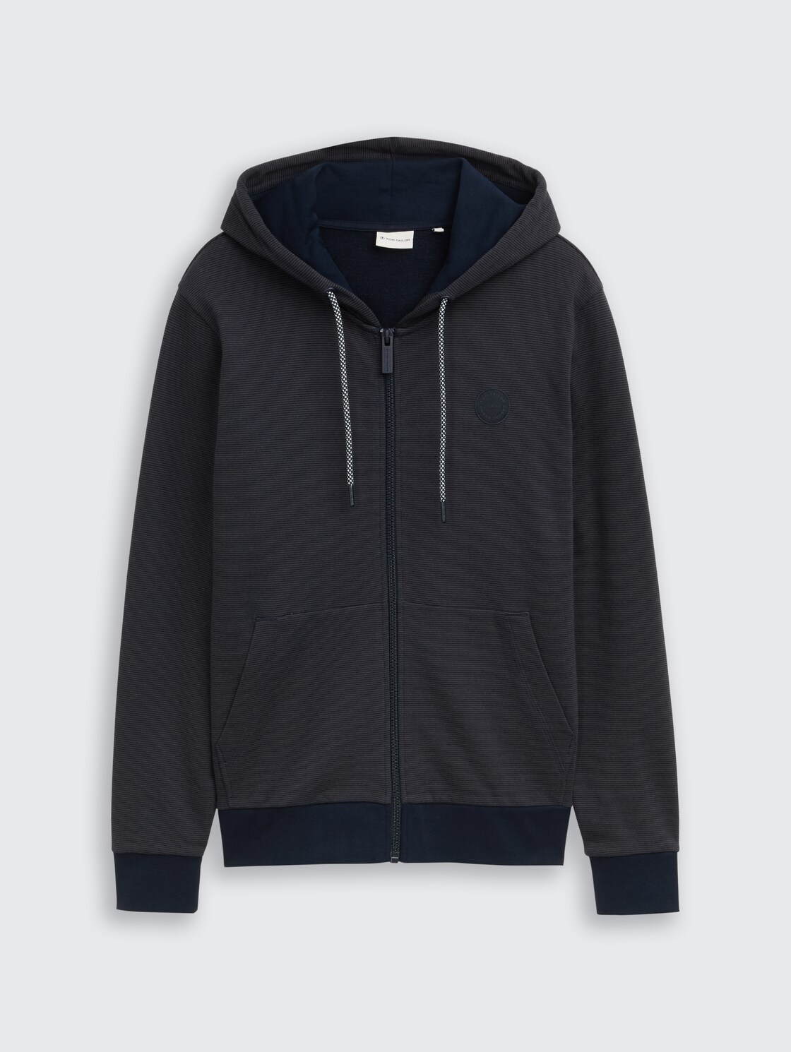 Hoodie sweatshirt jacket with logo badge - navy grey yarn dye stripe - Front product view
