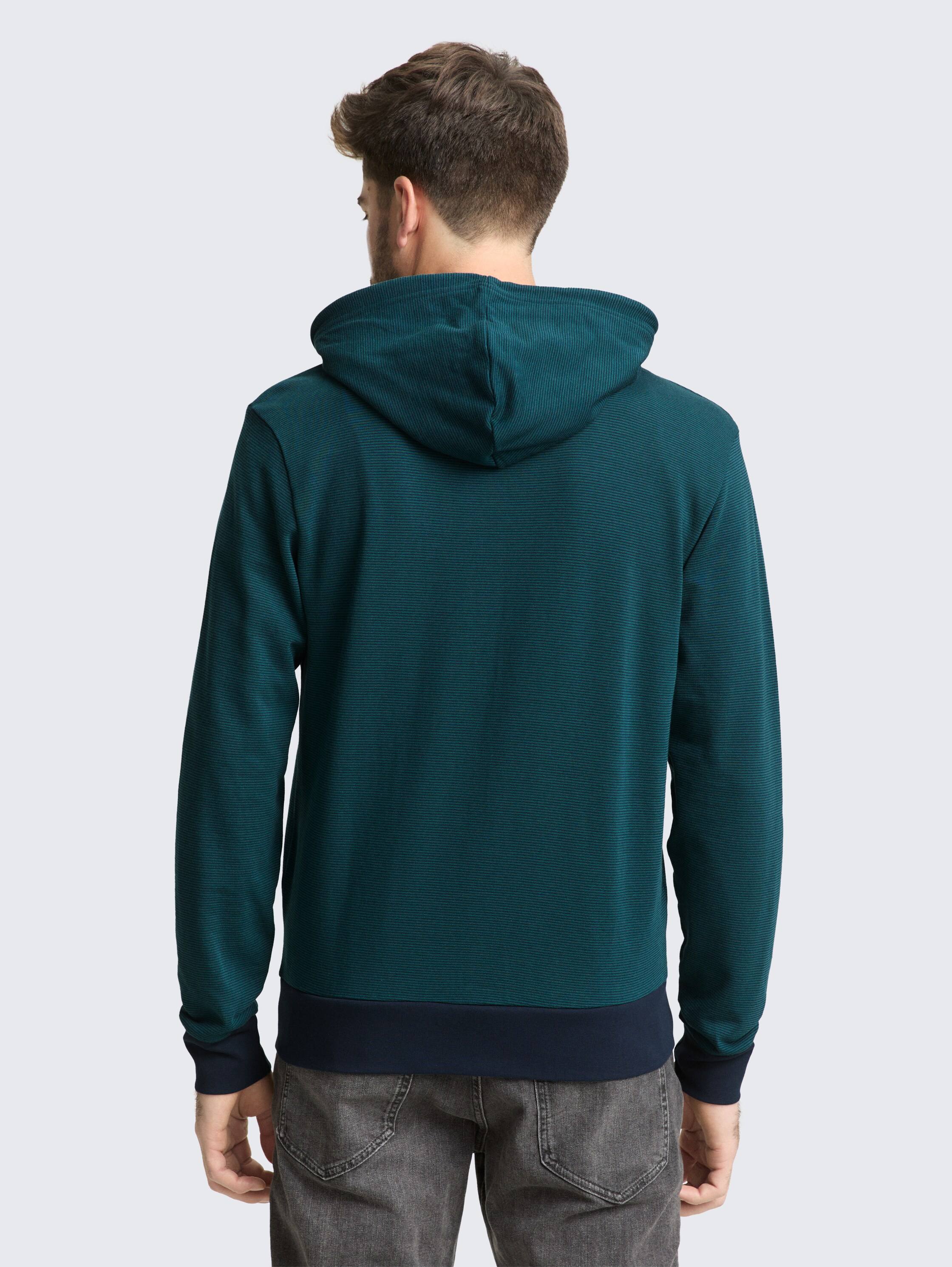 Hoodie Sweatjacke mit Logo-Badge - navy green yarn dye stripe - Auschnitt Model-Rückansicht