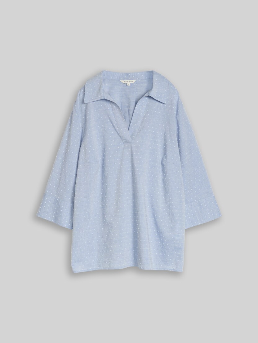 Plus Size - loose fit blouse with embroidery by Women Plus Size, blue white dobby