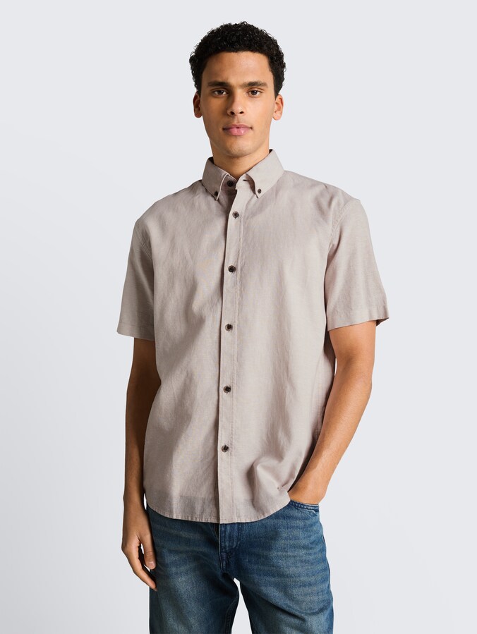 Relaxed fit overhemd met korte mouwen en linnen door Denim Male, muted grey chambray