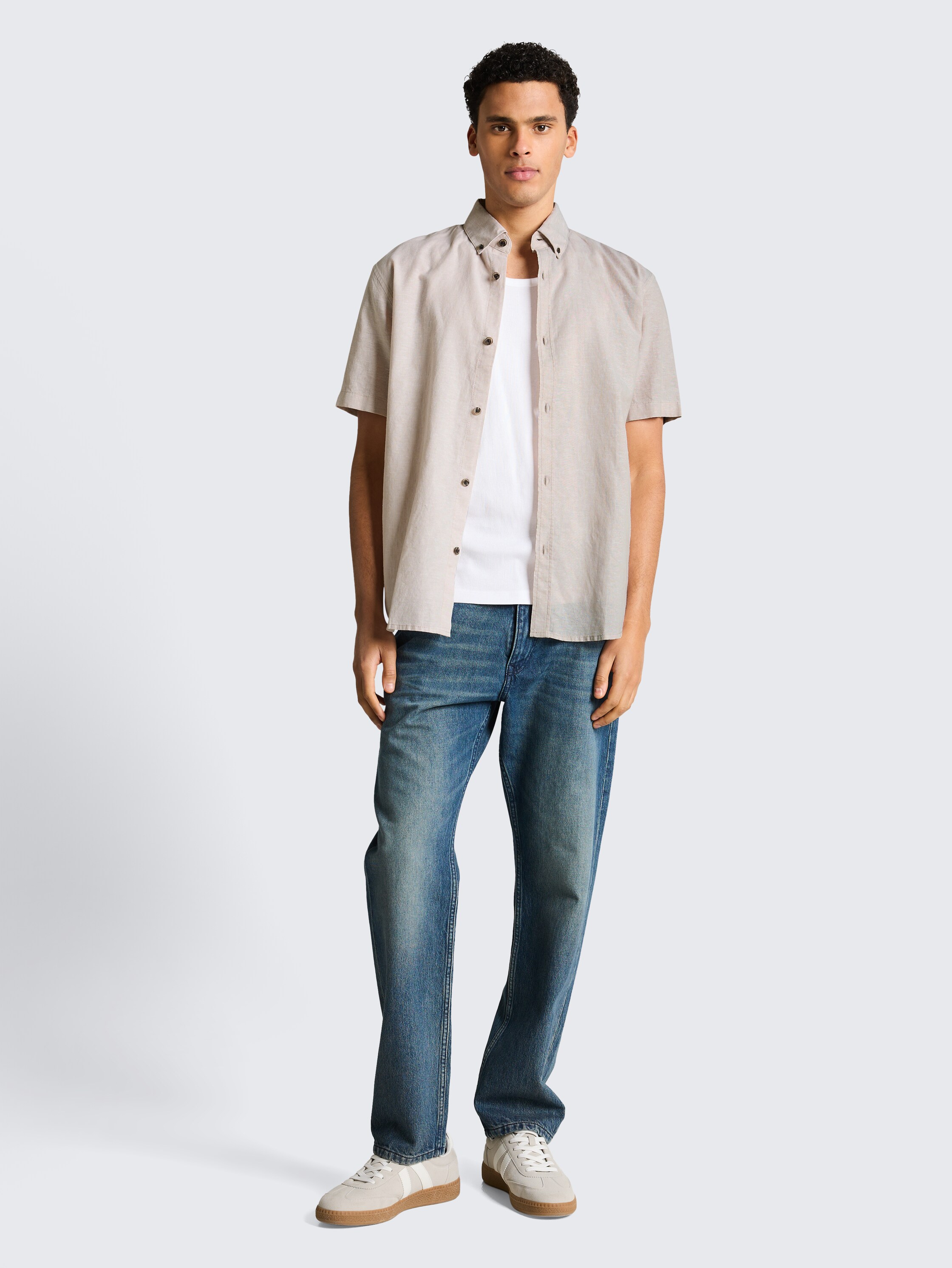 Relaxed fit overhemd met korte mouwen en linnen - muted_grey_chambray - 