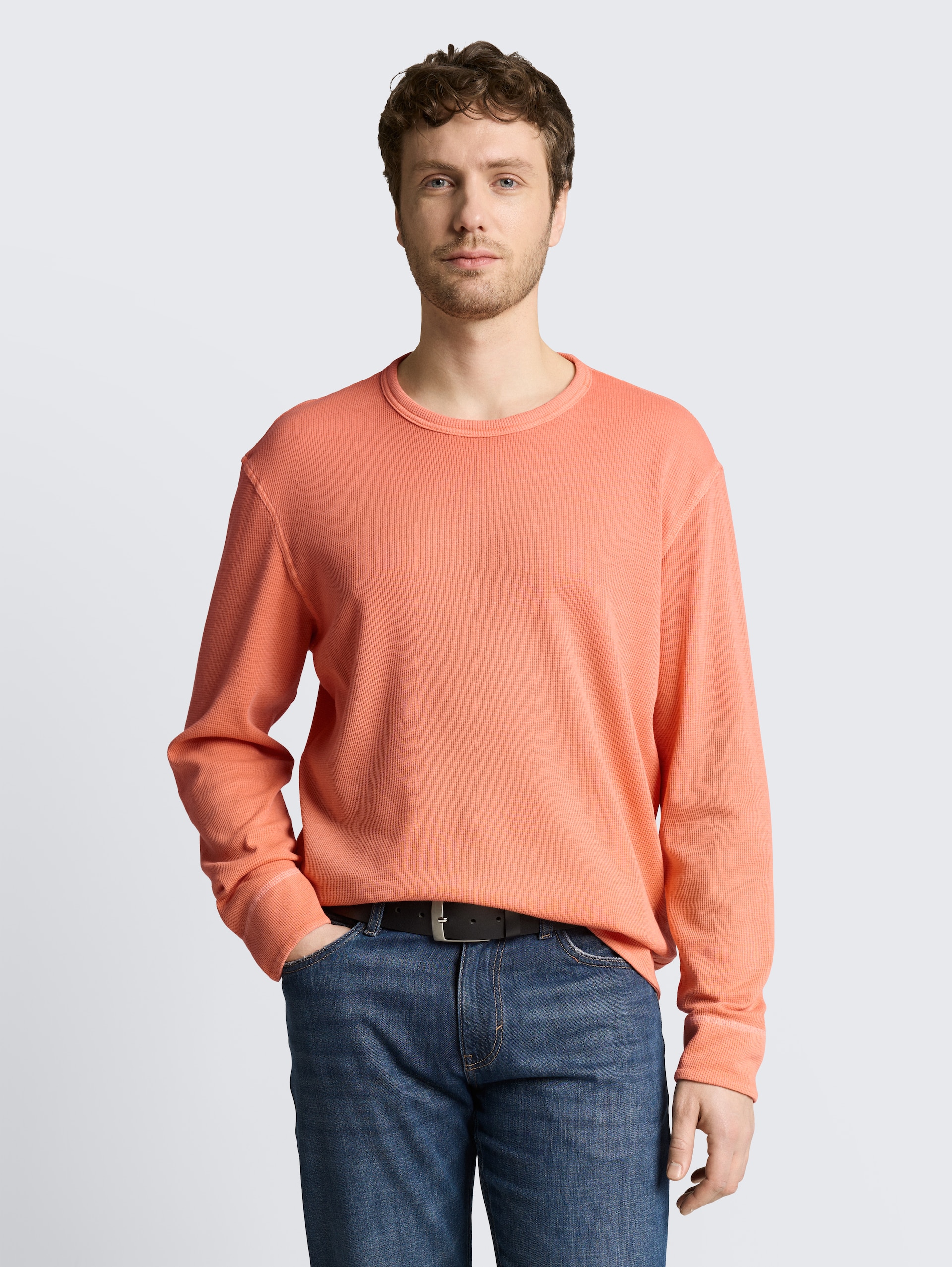 Shirt met lange mouwen en wafelstructuur - Wild Coral - Nek model vooraanzicht