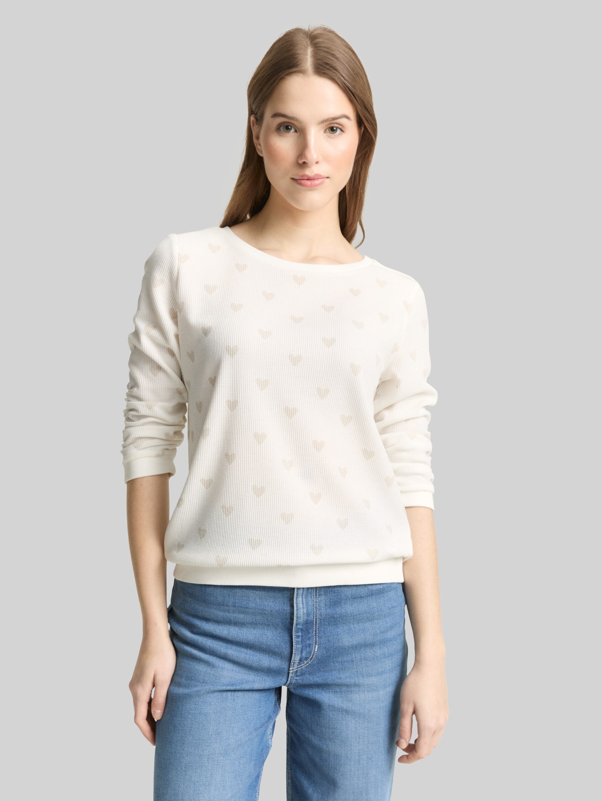 Slim fit sweatshirt with heart print - off white tonal heart print - Neckline model front view