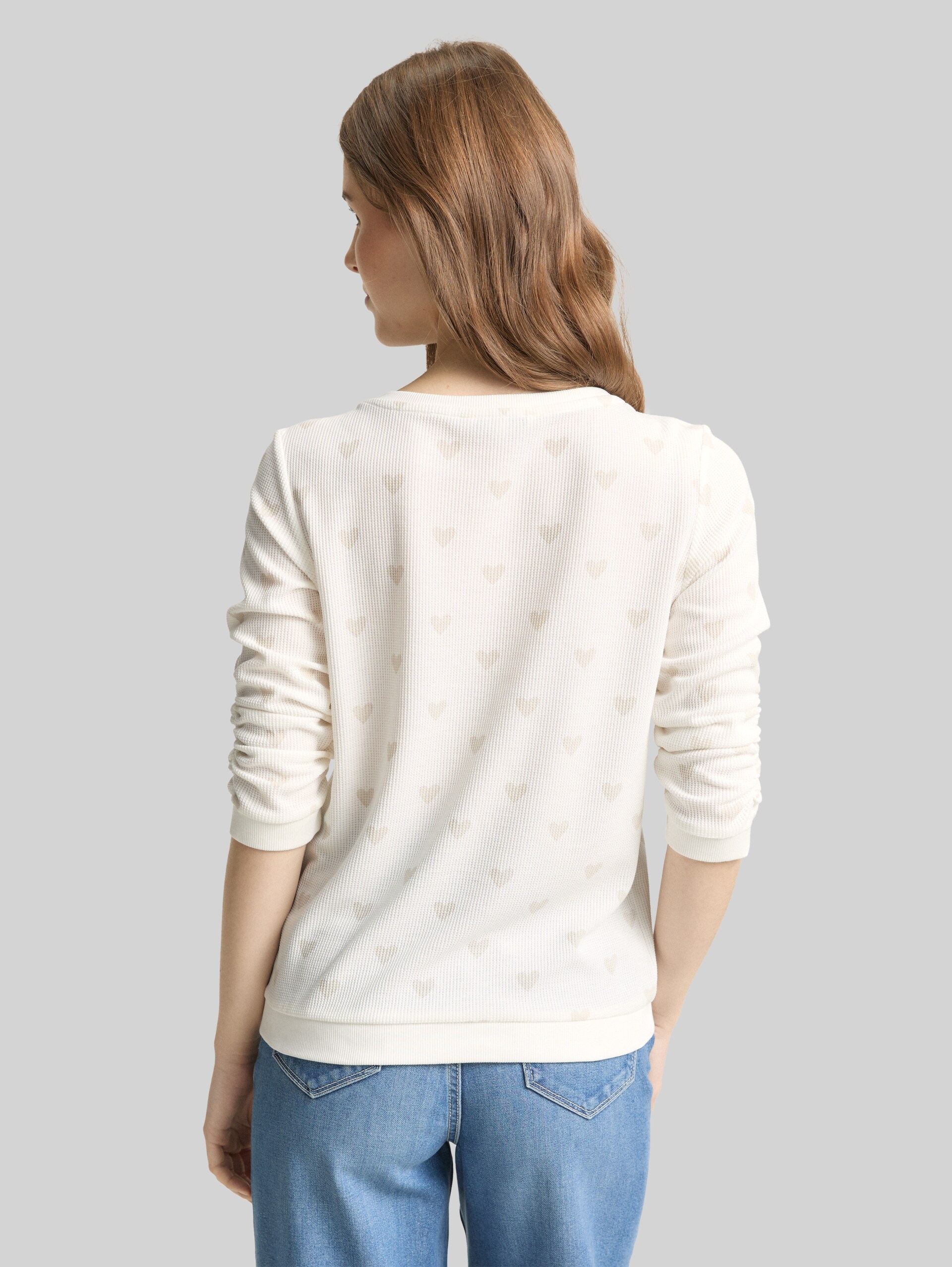 Slim fit sweatshirt with heart print - off white tonal heart print - Neckline model-back view