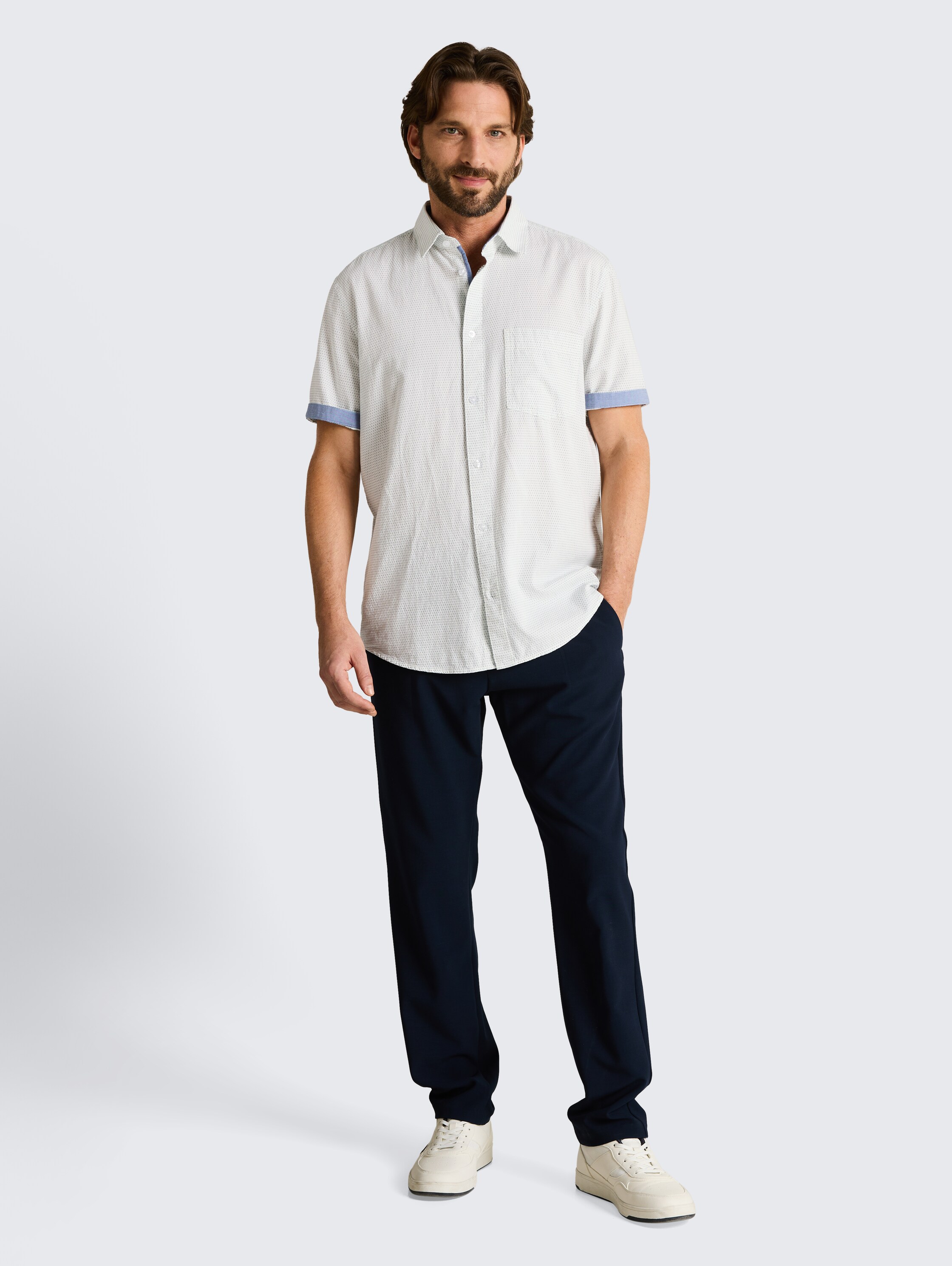 Regular fit short-sleeved cotton shirt - gardenia_white_dot_structure - 