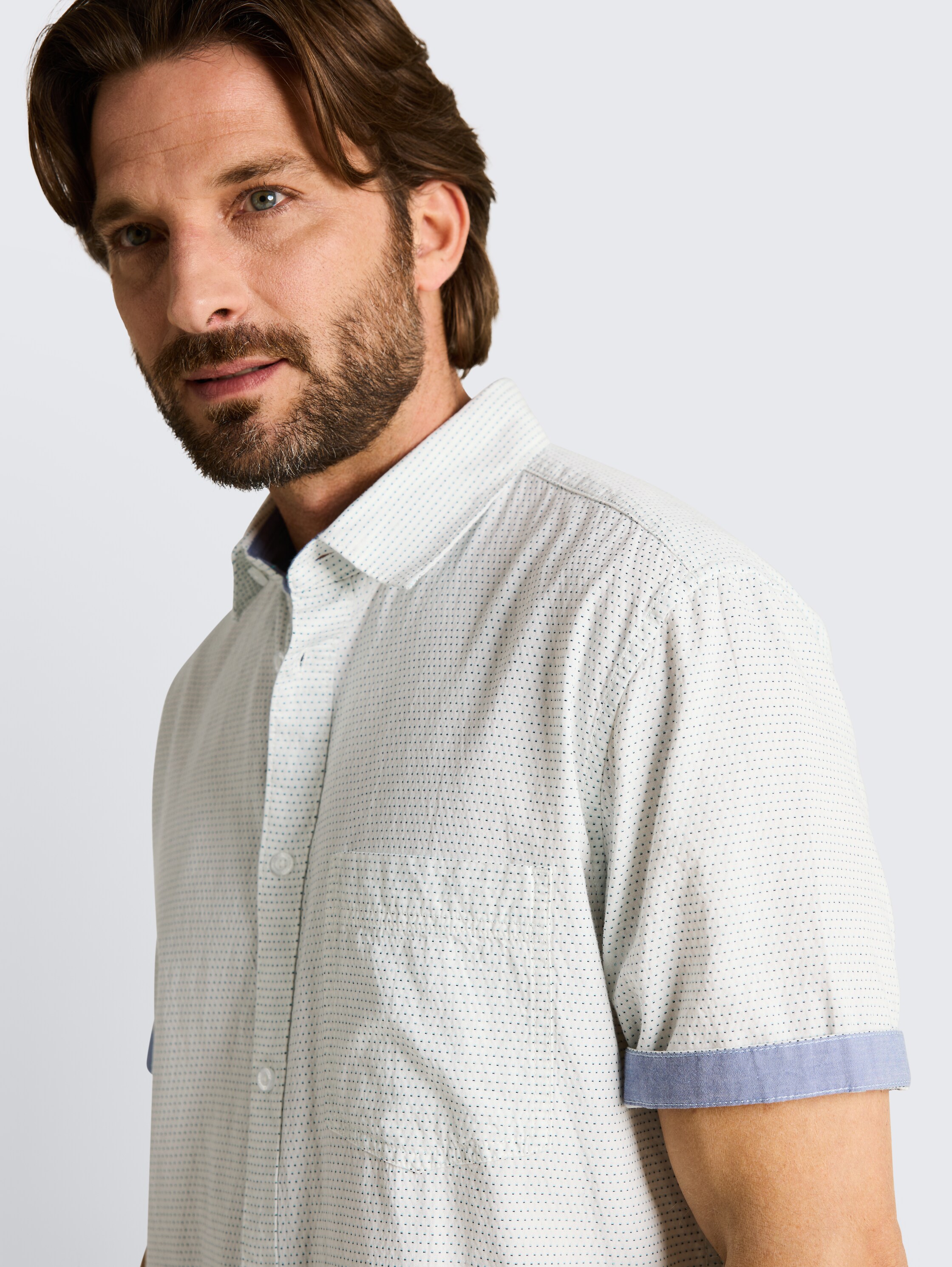 Regular fit short-sleeved cotton shirt - gardenia_white_dot_structure - 