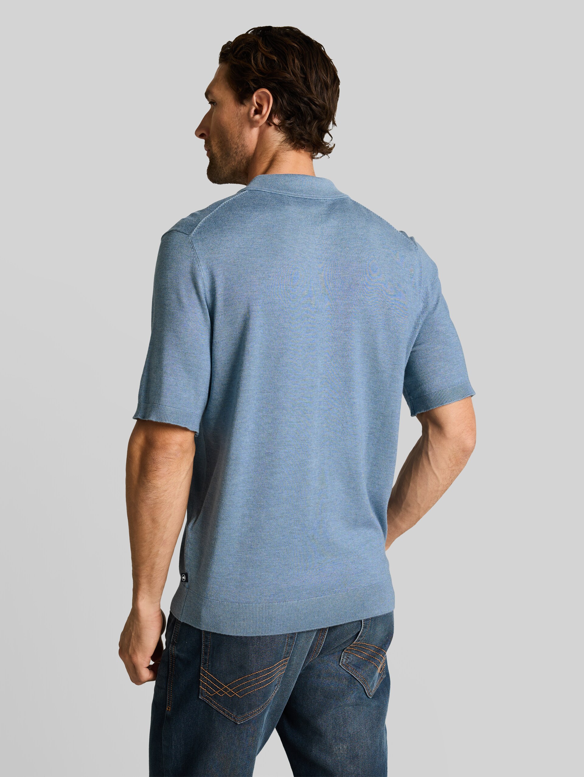 Knitted sweater with a polo collar - mountain spring blue melange