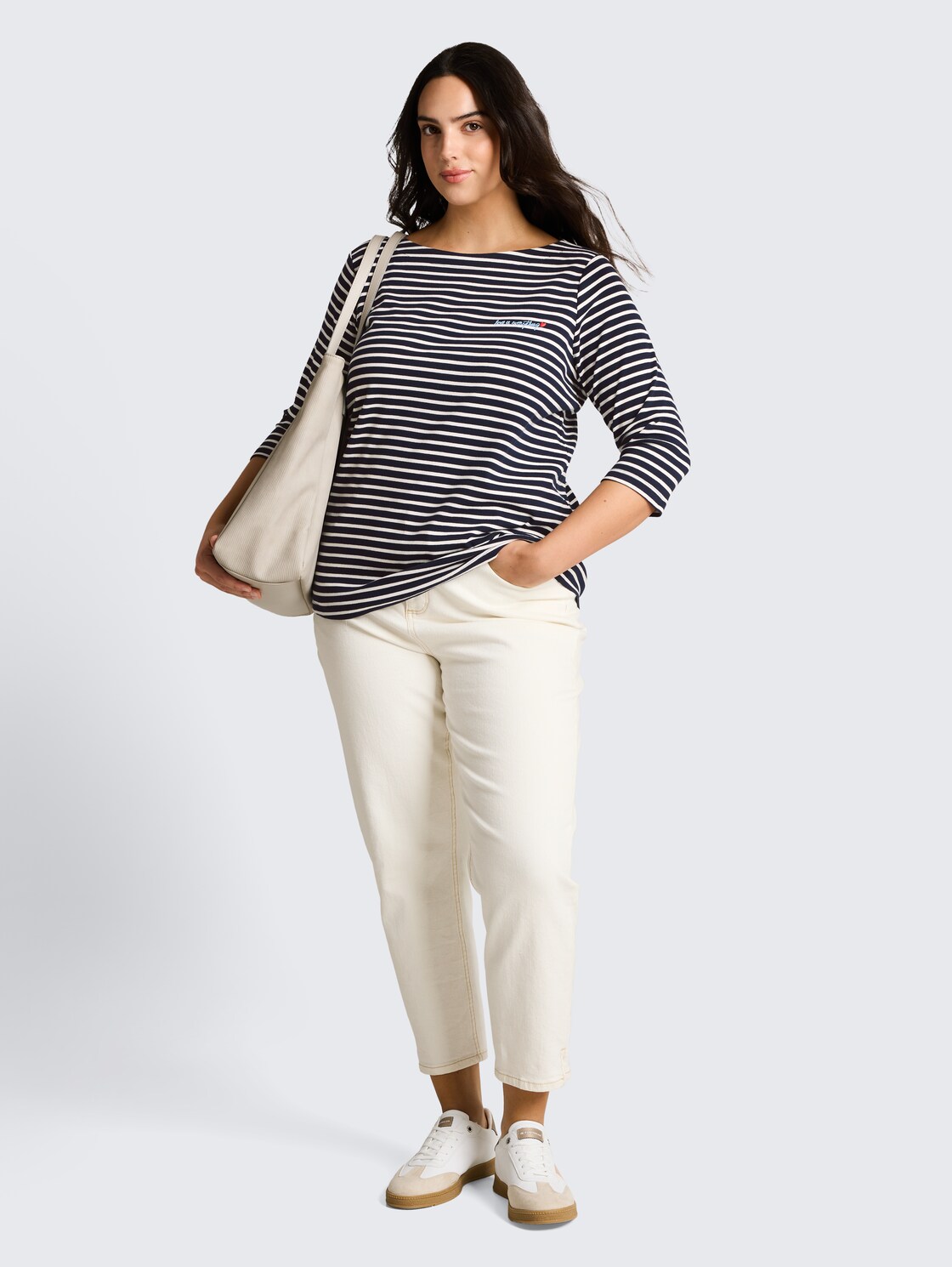 Plus Size - Langarmshirt mit Streifenmuster - navy blue offwhite stripe - Model-Vorderansicht