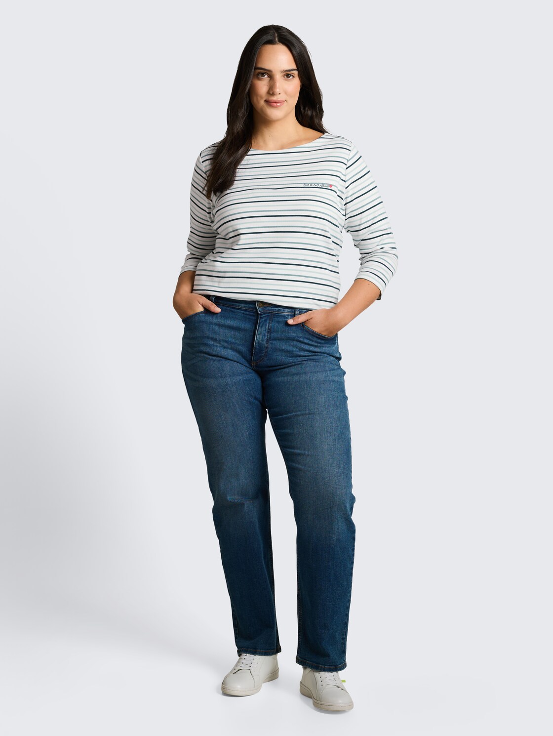 Plus Size - Langarmshirt mit Streifenmuster - blue haze multicolor stripe - Model-Vorderansicht