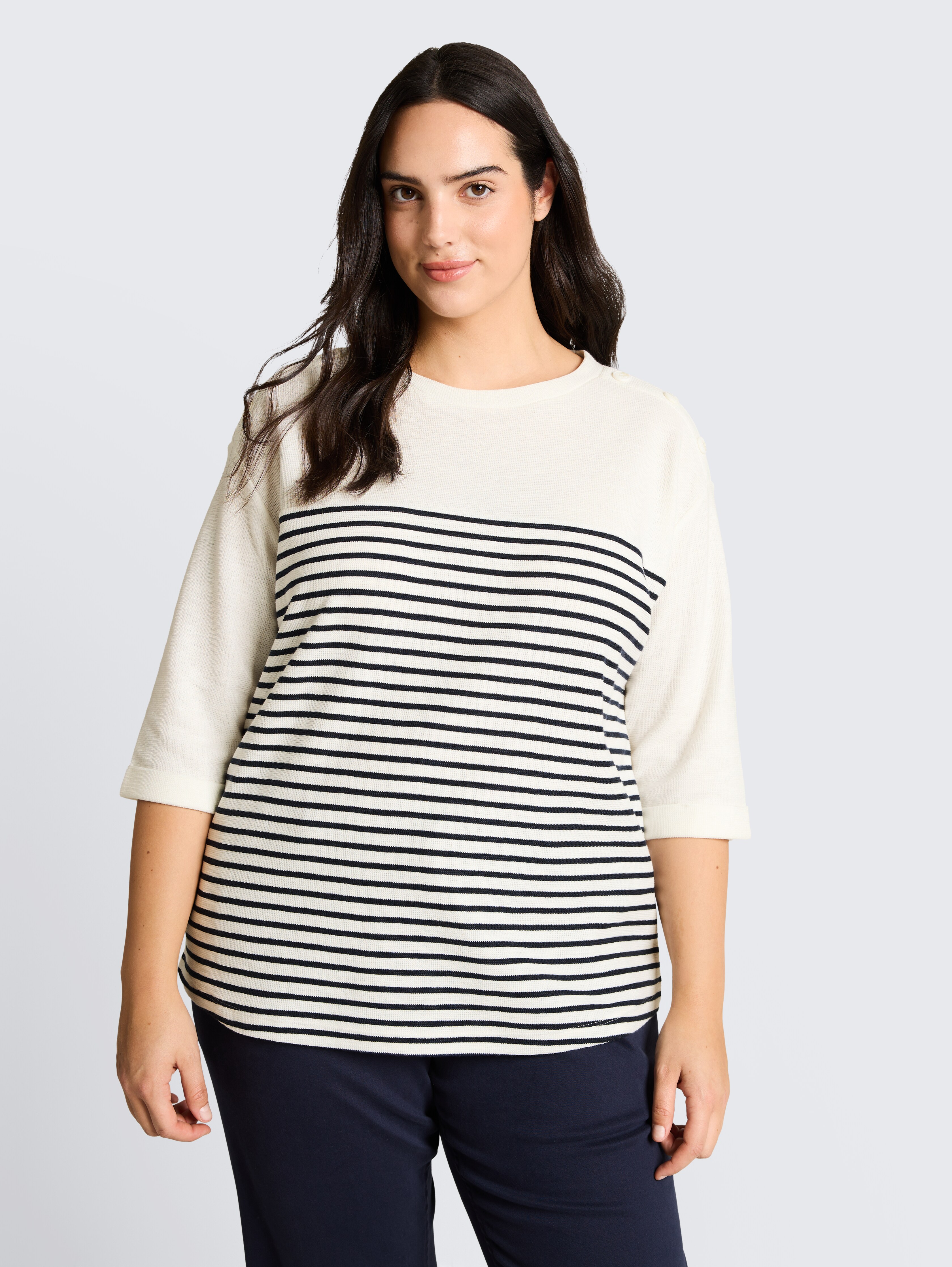 Plus Size - Langarmshirt mit Streifenmuster von Women Plus Size, offwhite navy blue stripe