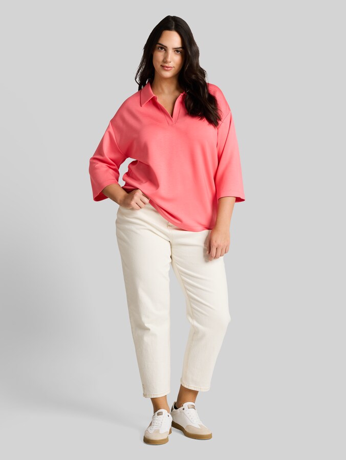 Plus Size - T-shirt ample à manches longues en scuba avec col polo par Women Plus Size, soft coral pink