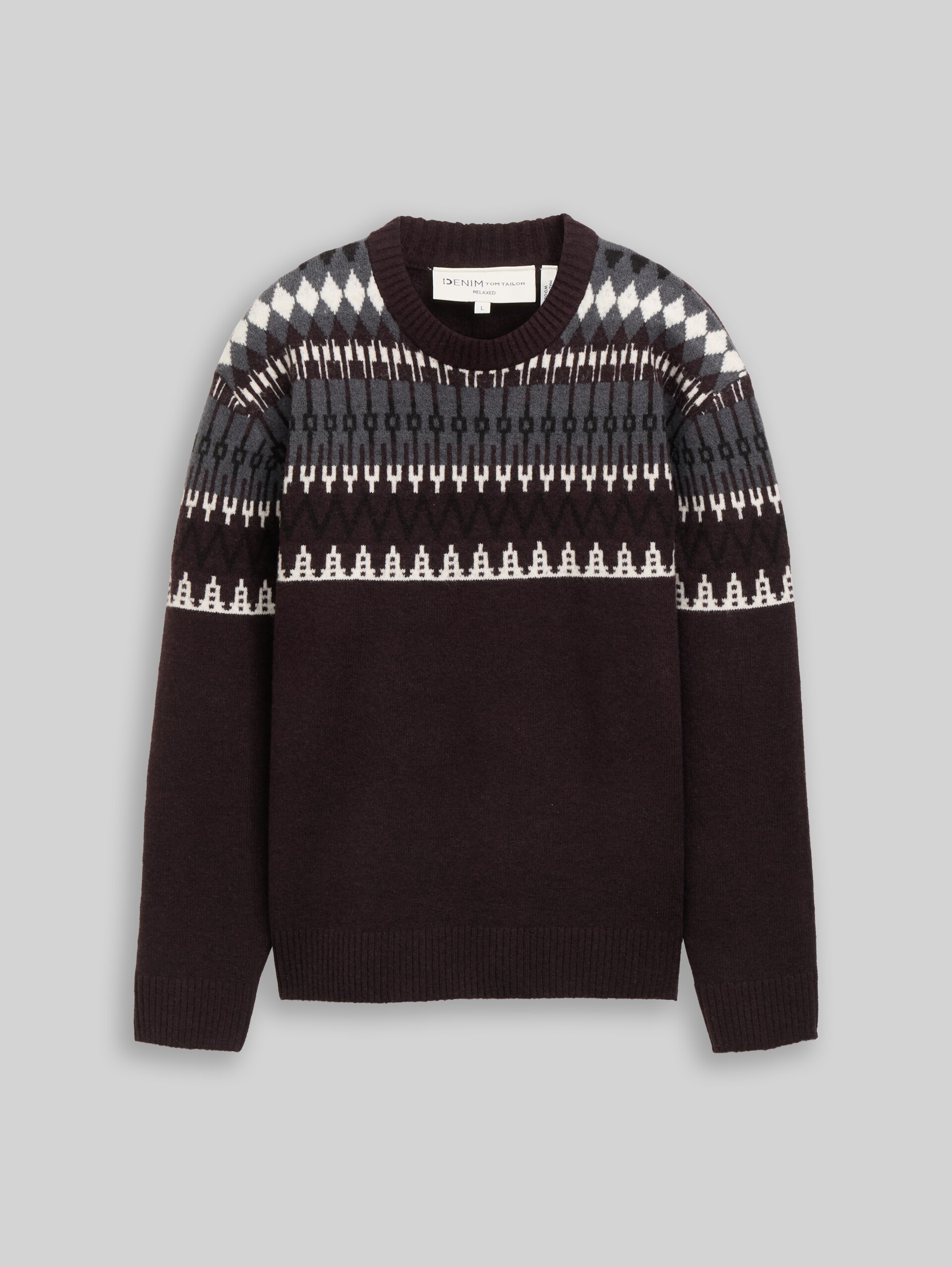 Relaxed Fit Norweger Strickpullover mit Wollanteil - dark plum fair isle design