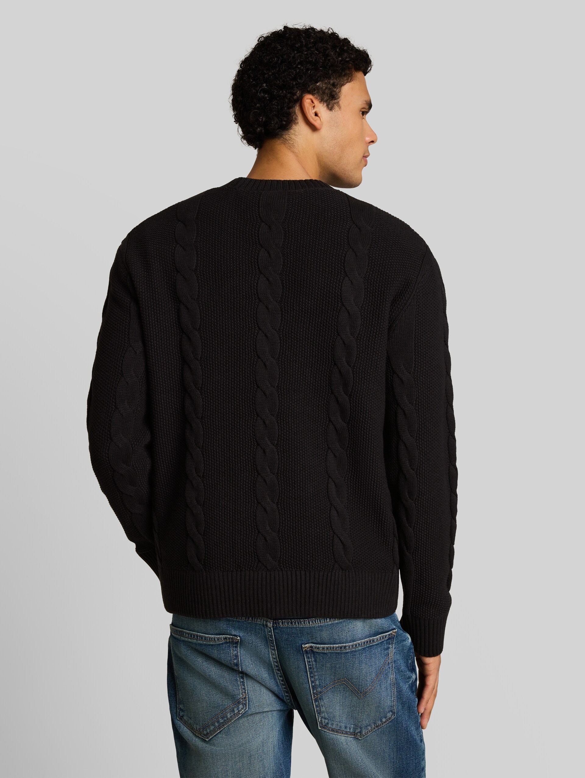 Relaxed Fit Strickpullover mit Zopfmuster - Black